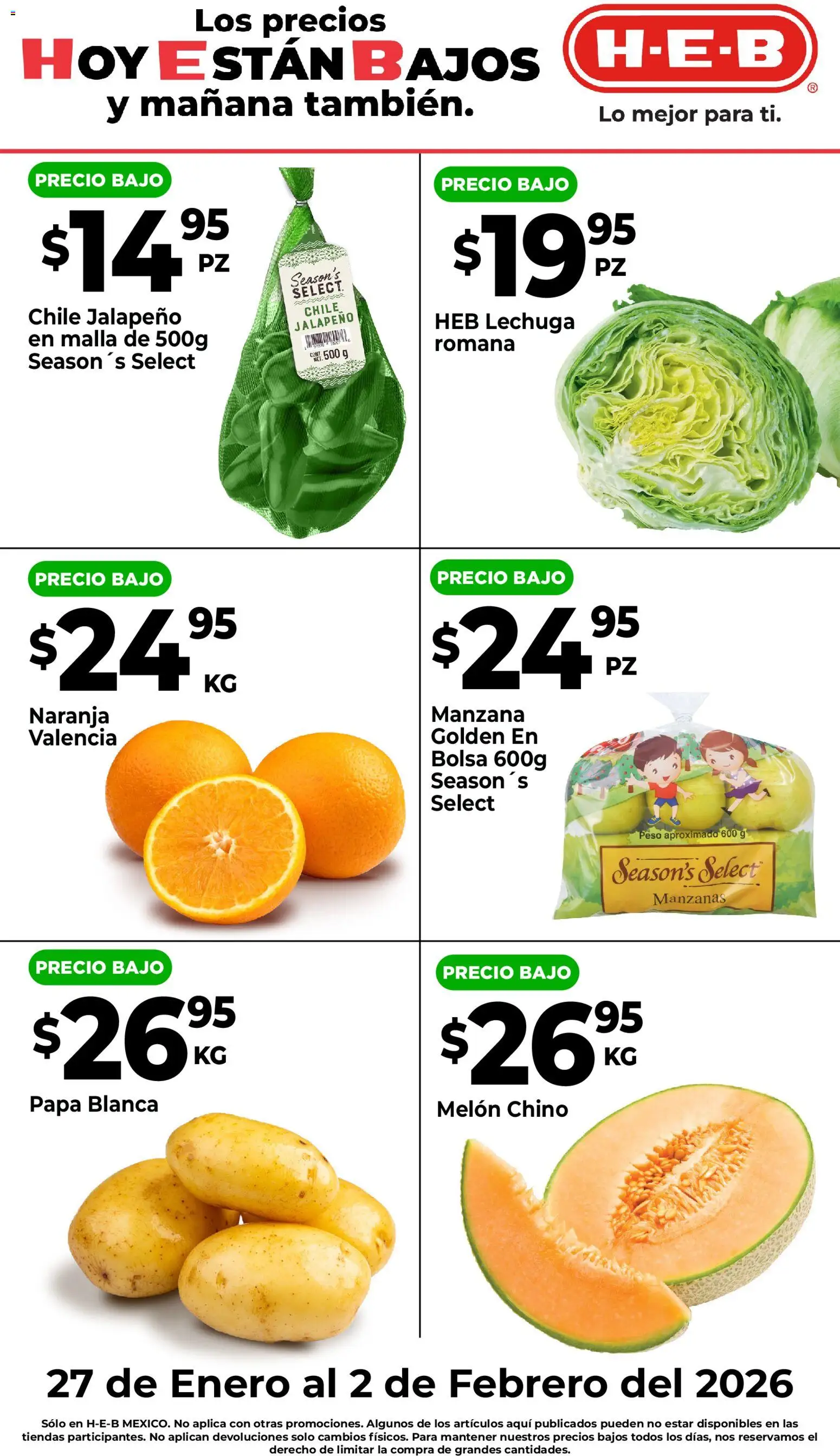 Nuevas ofertas de H-E-B válidas en toda la República Mexicana desde el 27.01.2026. ¡Encuentra las mejores ofertas en H-E-B folleto Rebajado! | Página: 2 | Productos: Melón, Bolsa, Manzanas, Malla
