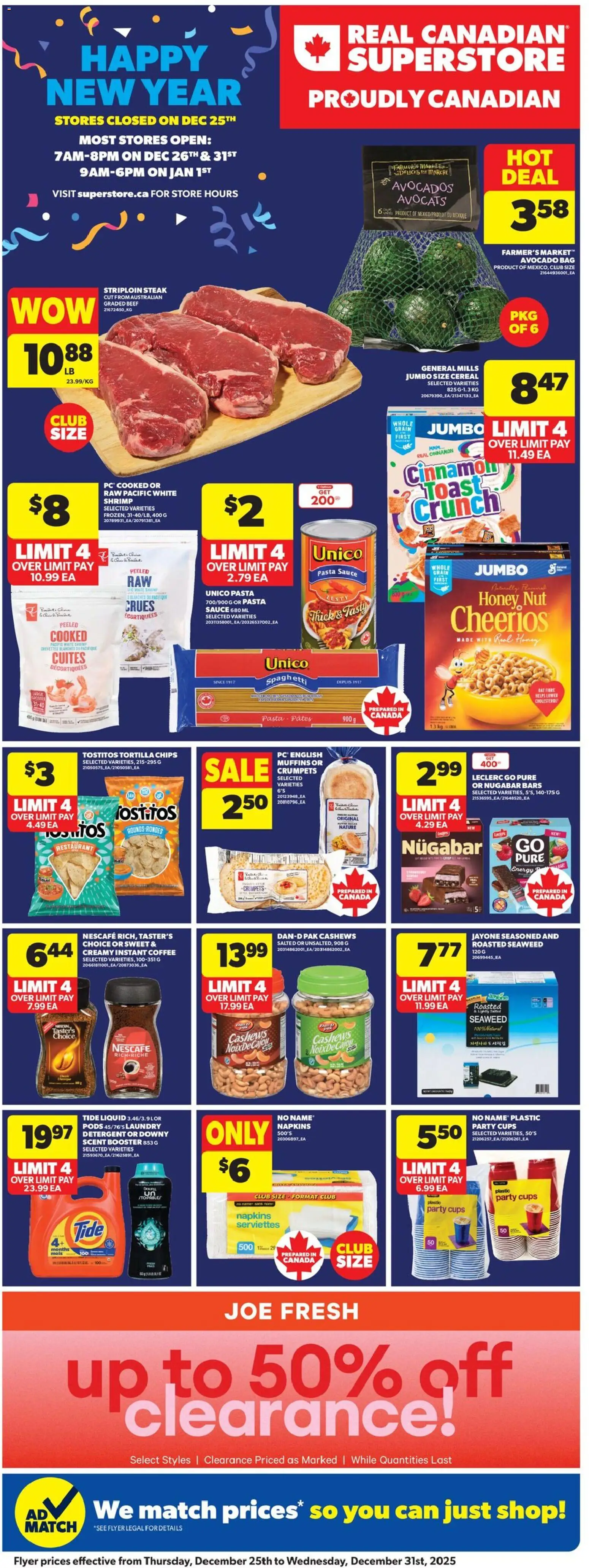 Real Canadian Superstore flyer valid from 25.12.2025 | Page: 3 | Products: Beef, Pasta, Detergent, Coffee