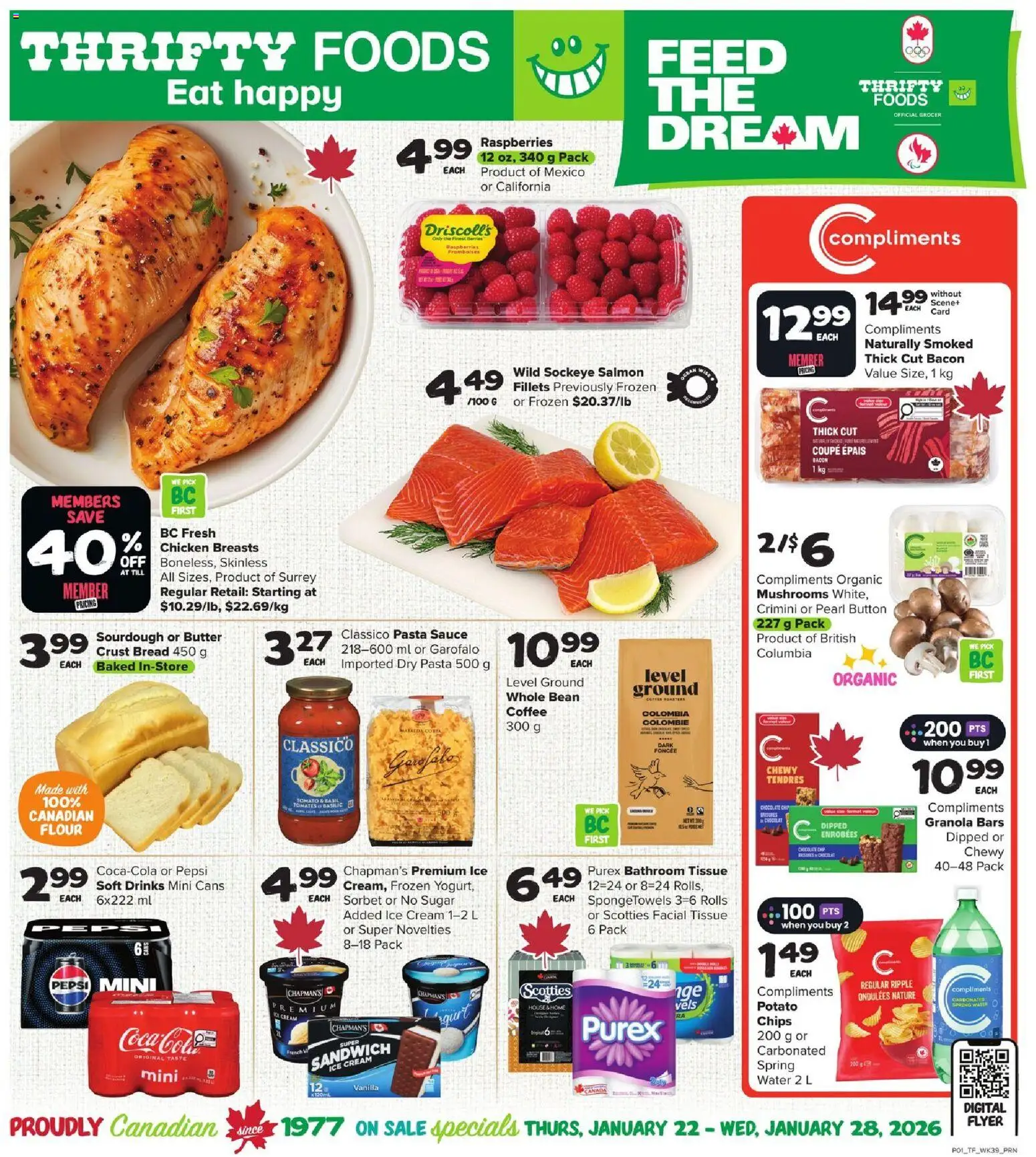 Thrifty Foods flyer valid from 22.01.2026 | Page: 1 | Products: Chips, Cream, Bread, Chicken