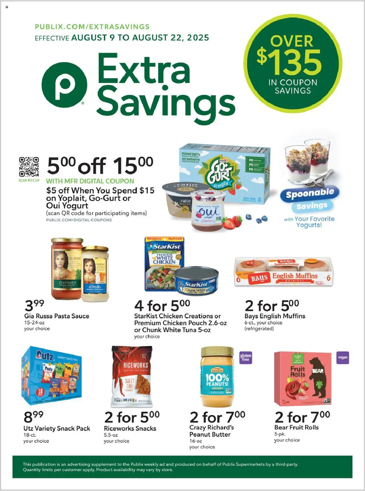 Publix Extra Savings - valid from 09.08.2025 | Page: 1 | Products: Clip, Yogurt, Rice, Sauce