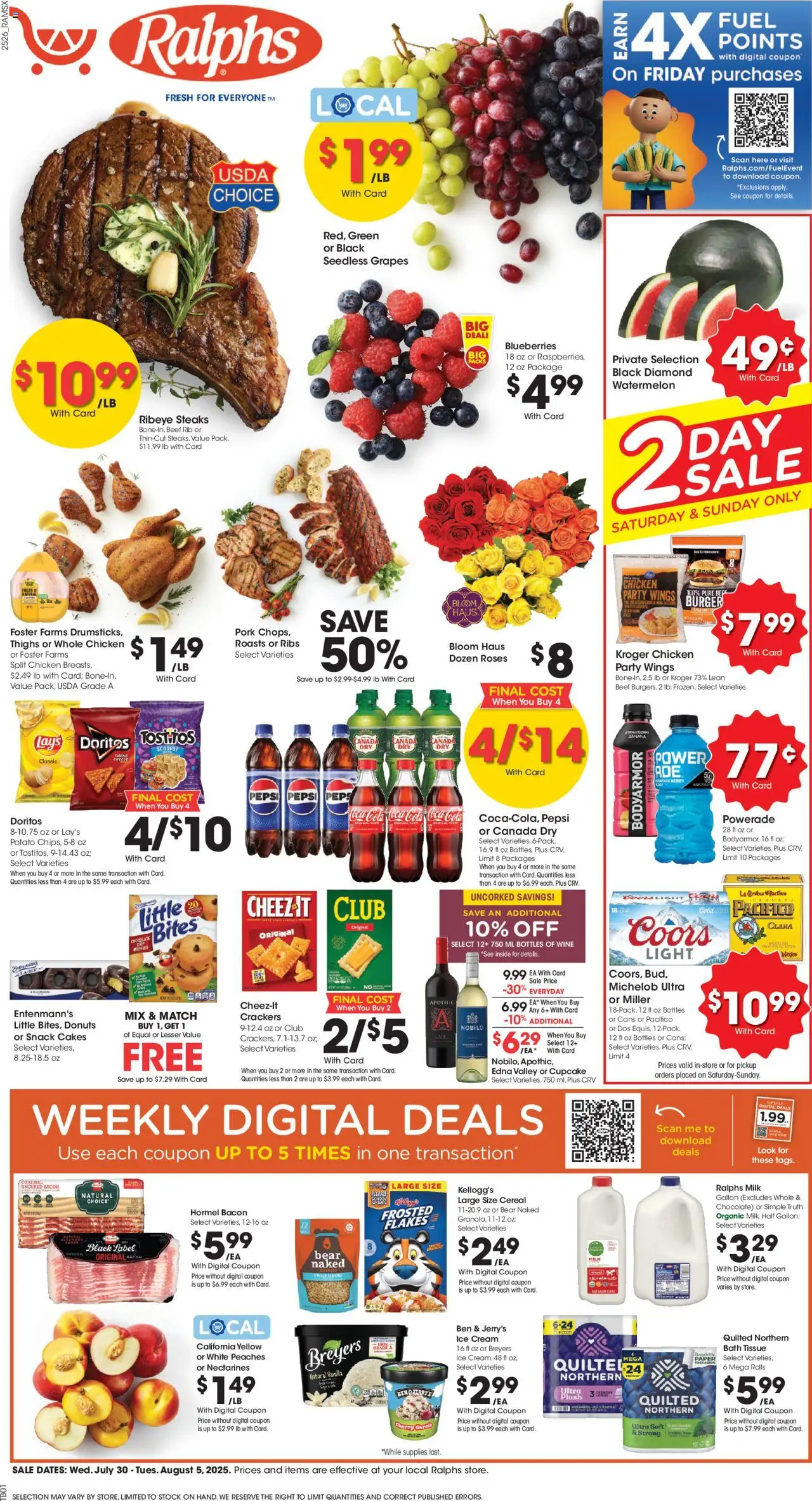 Ralphs Weekly Ad - valid from 30.07.2025 | Page: 1 | Products: Peaches, Chocolate, Cream, Flakes