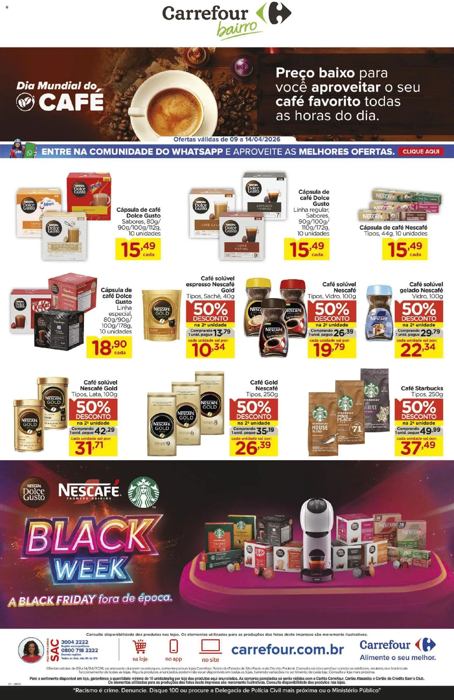 Carrefour Bairro Folheto - válido de 09.04.2026 | Página: 1 | Produtos: Cafe Dolce Gusto, Nescau, Café, Café solúvel