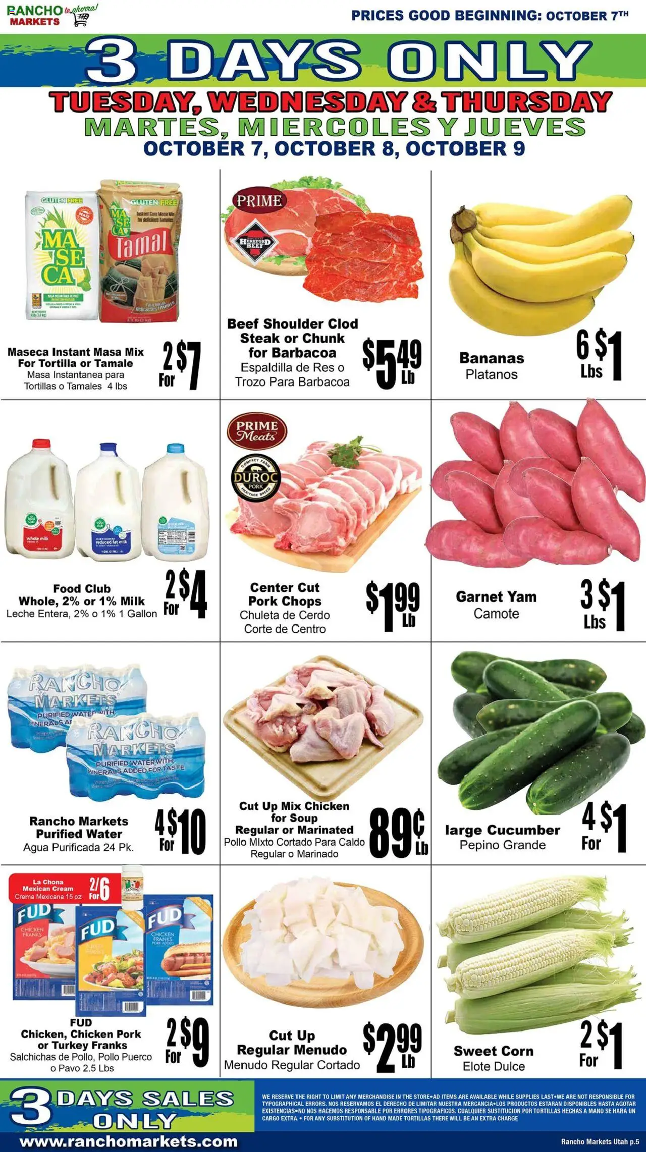 Rancho Markets Weekly Ad - valid from 07.10.2025 | Page: 5 | Products: Corn, Pork, Bananas, Beef