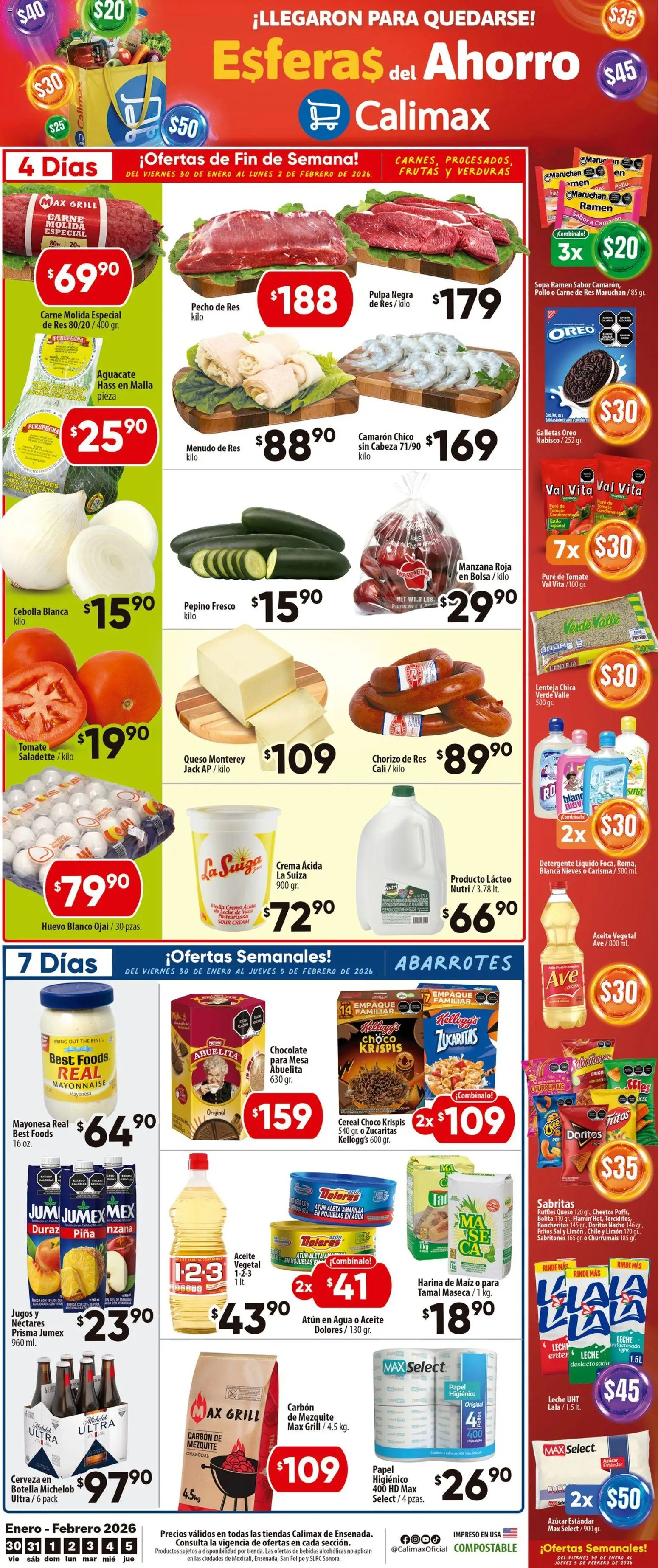 Nuevas ofertas de Calimax válidas en toda la República Mexicana desde el 30.01.2026. ¡Encuentra las mejores ofertas en Calimax folleto Ensenada! | Página: 1 | Productos: Atún, Huevo, Limón, Leche