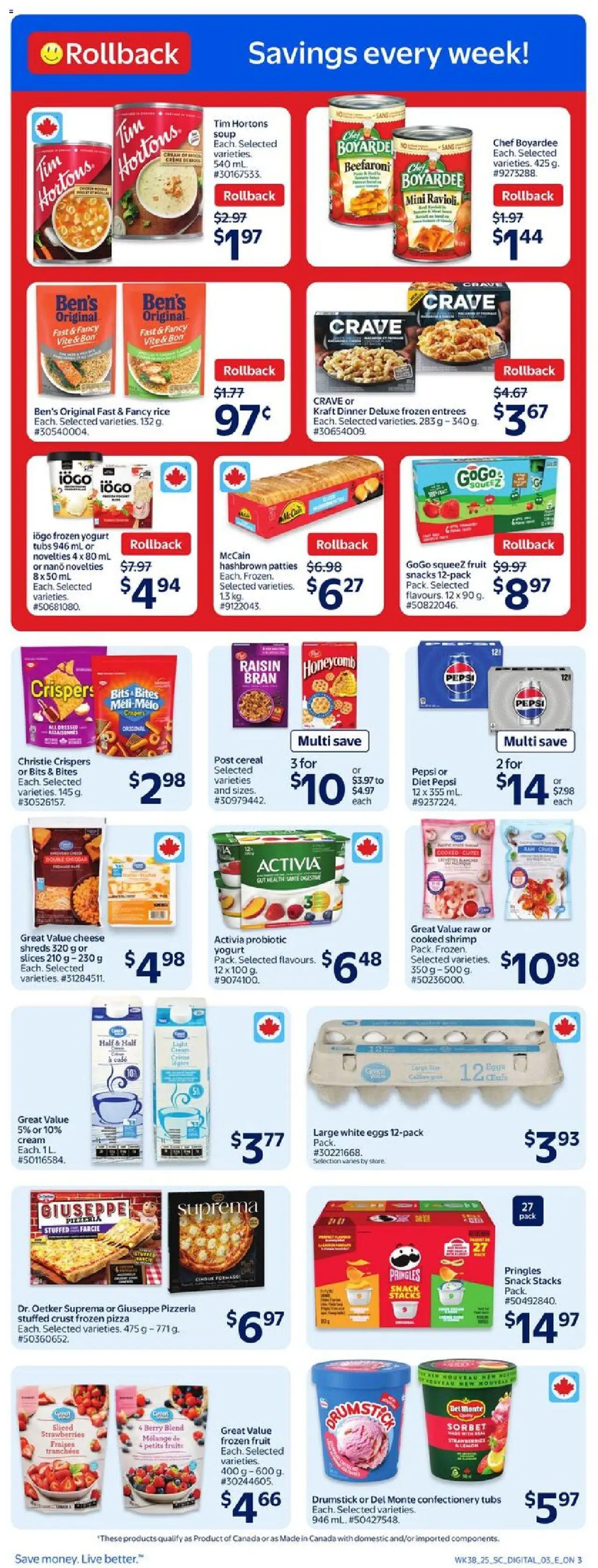 Walmart flyer valid from 16.10.2025 | Page: 4 | Products: Cream, Yogurt, Eggs, Pizza