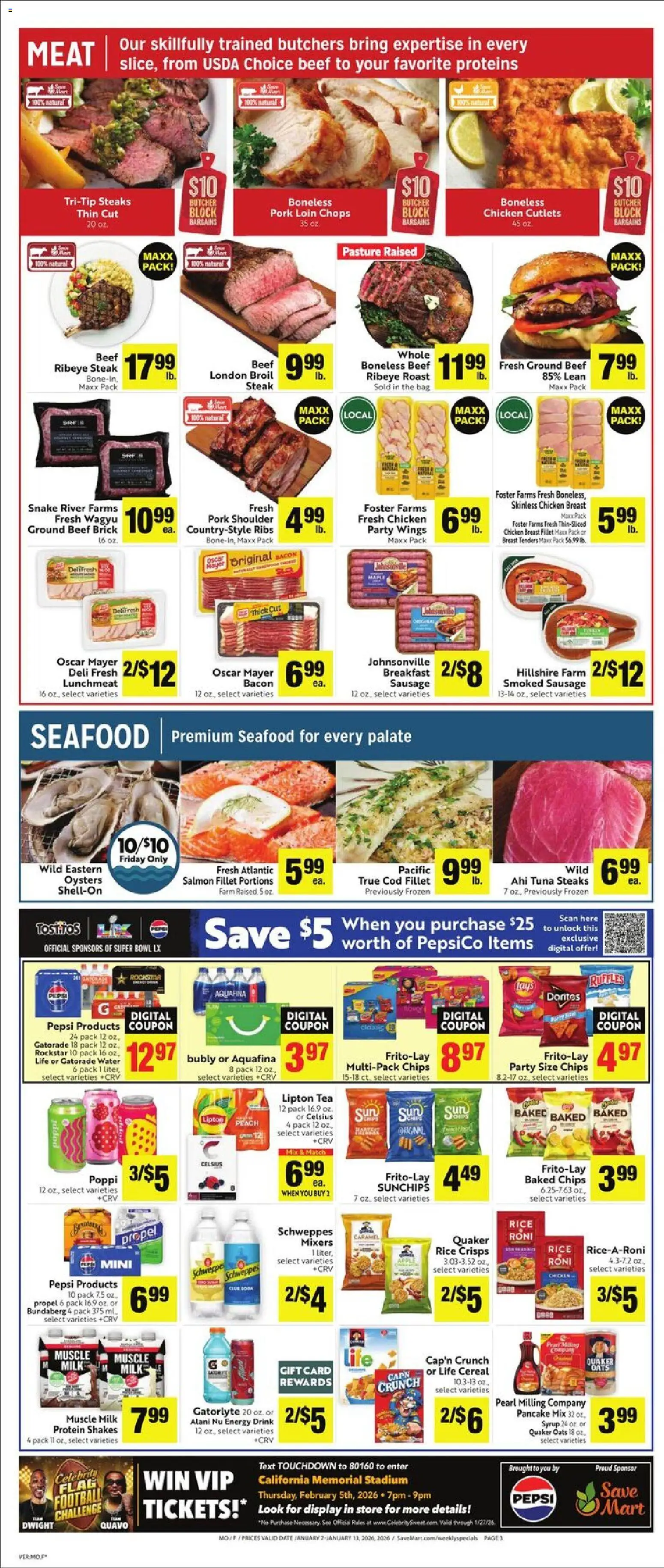 Save Mart Weekly Ad - valid from 07.01.2026 | Page: 3 | Products: Pork, Rice, Tea, Water