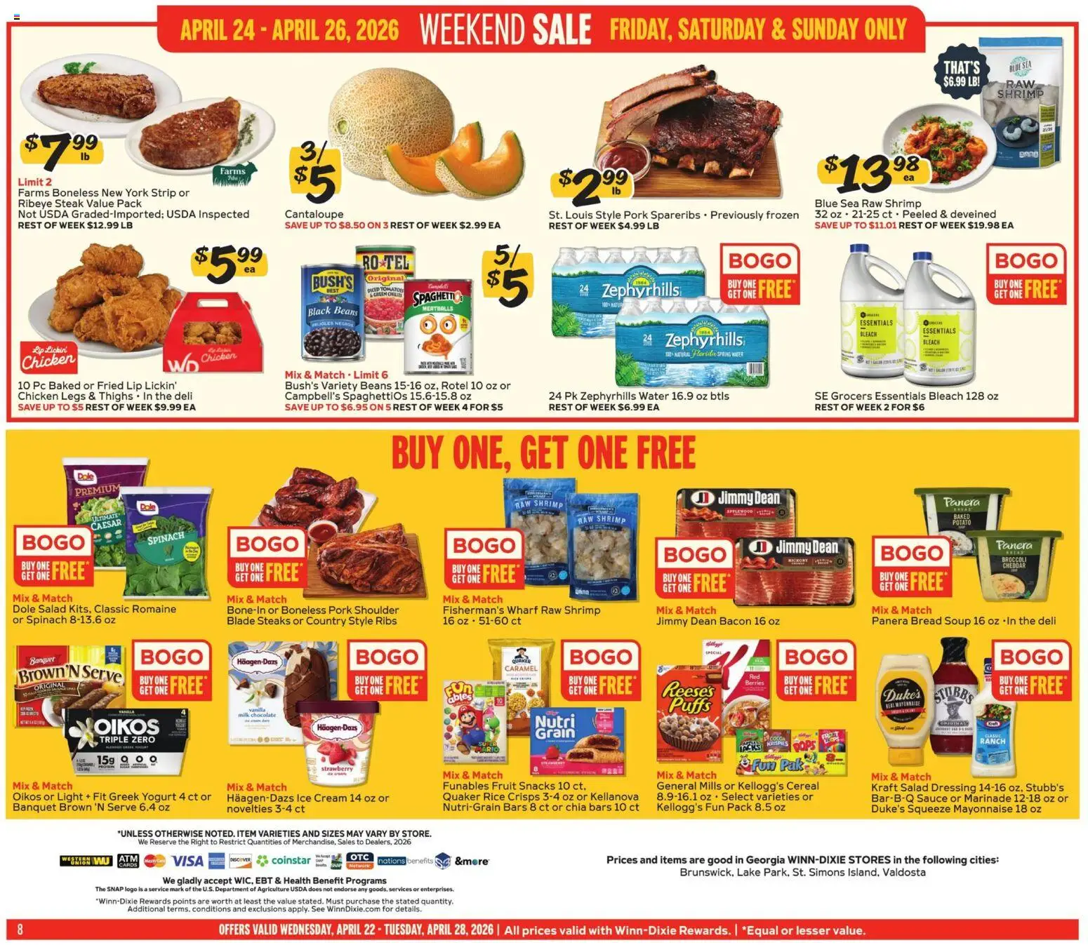 Winn Dixie Weekly Ad - valid from 22.04.2026 | Page: 8 | Products: Spinach, Yogurt, Bread, Cream