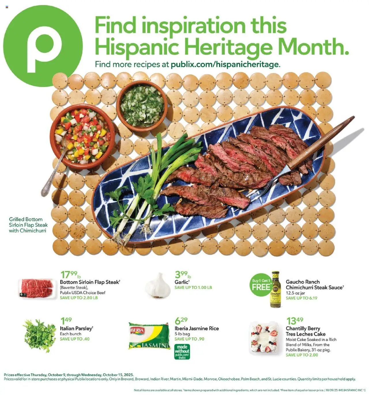 Publix Hispanic Ad - valid from 09.10.2025 | Page: 1 | Products: Rice, Beef, Sauce, Bag