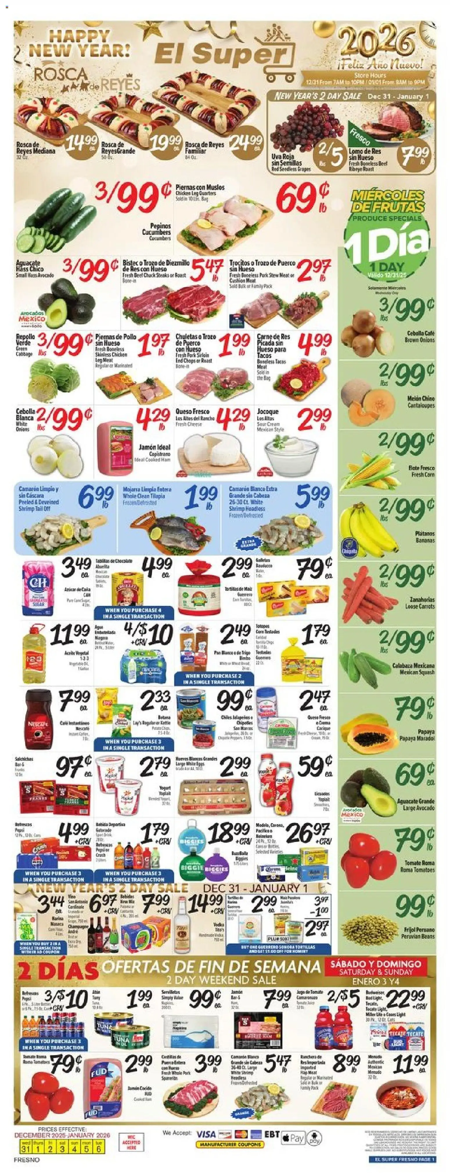 El Super Weekly Ad - CA - valid from 31.12.2025 | Page: 1 | Products: Corn, Cheese, Ham, Avocado