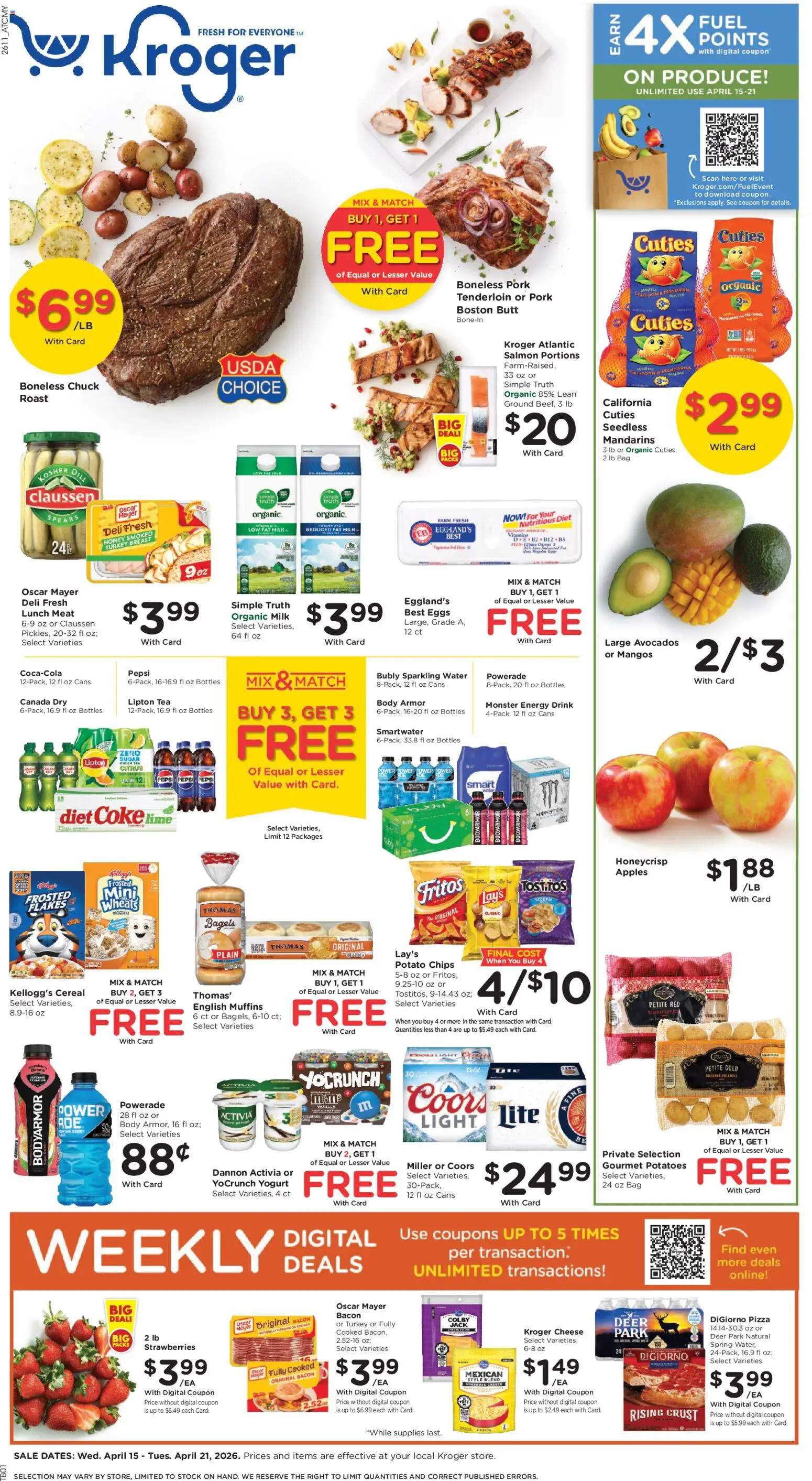 Kroger Weekly Ad - valid from 15.04.2026 | Page: 1 | Products: Yogurt, Eggs, Apples, Strawberries