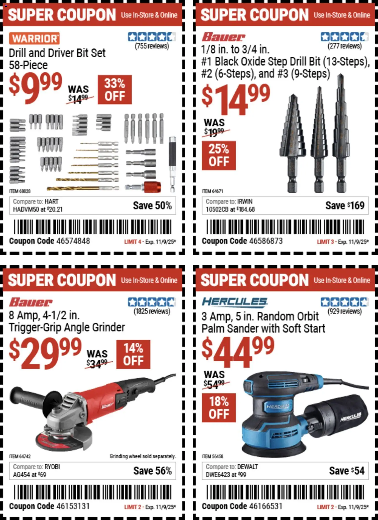 Harbor Freight Weekly Ad - valid from 27.10.2025 | Page: 25 | Products: Sander, Angle Grinder, Drill Bit, Grinder