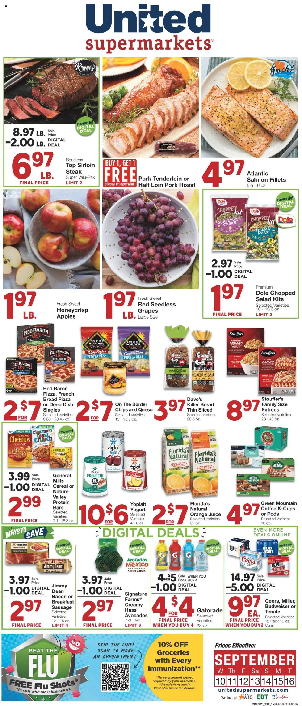 United Supermarkets Weekly Ad - valid from 09.09.2025 | Page: 1 | Products: Juice, Rice, Sausage, Bag