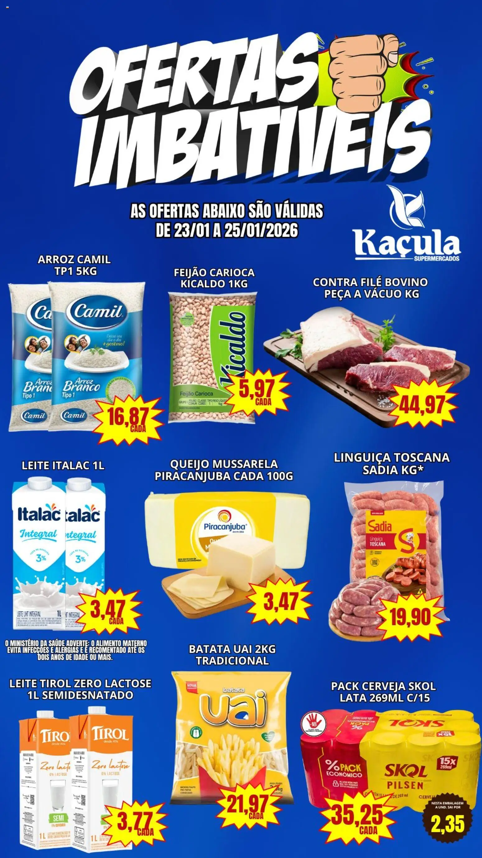 Kaçula Folheto - válido de 23.01.2026 | Página: 1 | Produtos: Feijão, Contra filé, Cerveja, Arroz