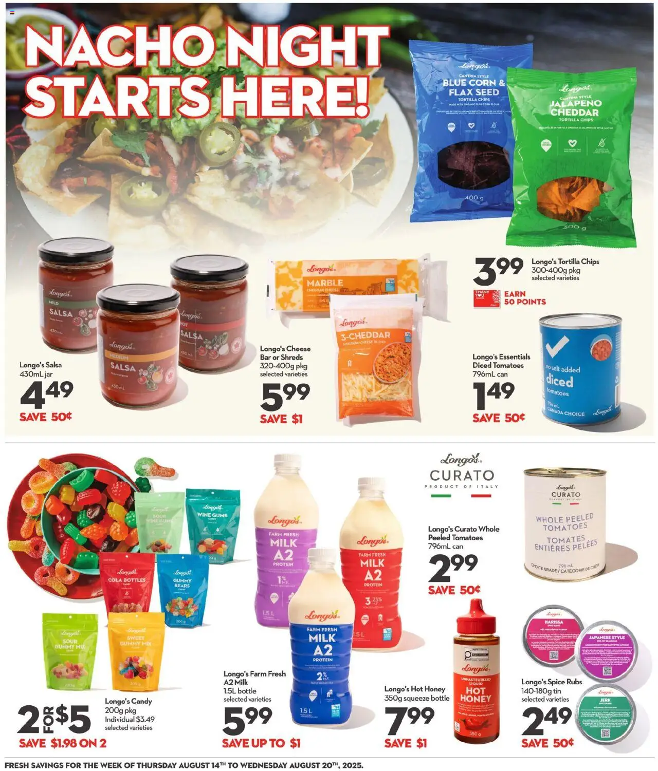 Longo's flyer valid from 14.08.2025 | Page: 13 | Products: Chips, Milk, Cheese, Wine