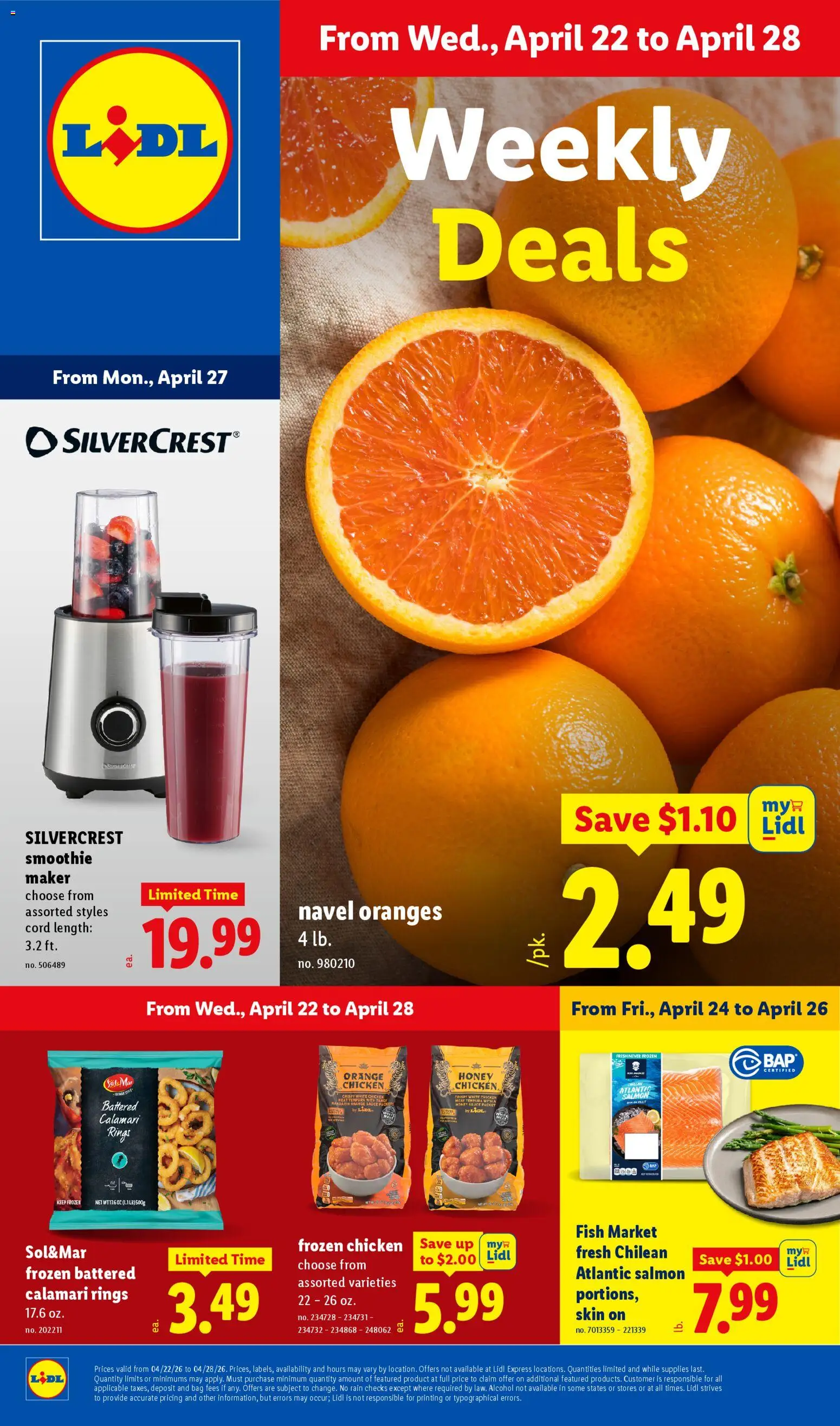 Lidl Weekly Ad - valid from 22.04.2026 | Page: 1 | Products: Oranges, Fish, Sauce, Bag