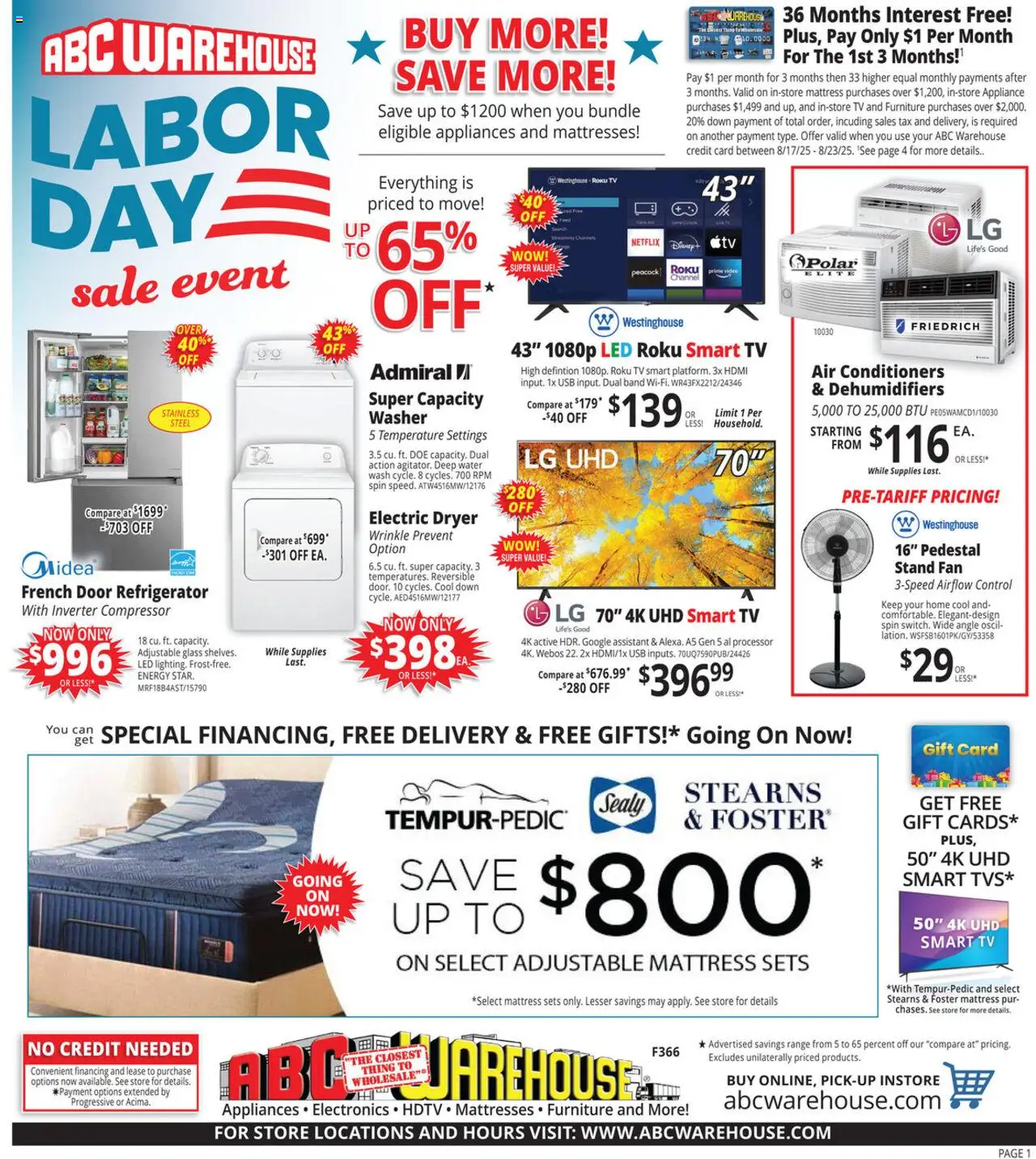 ABC Warehouse Weekly Ad - valid from 17.08.2025 | Page: 1 | Products: Water, Washer, Refrigerator, Dryer
