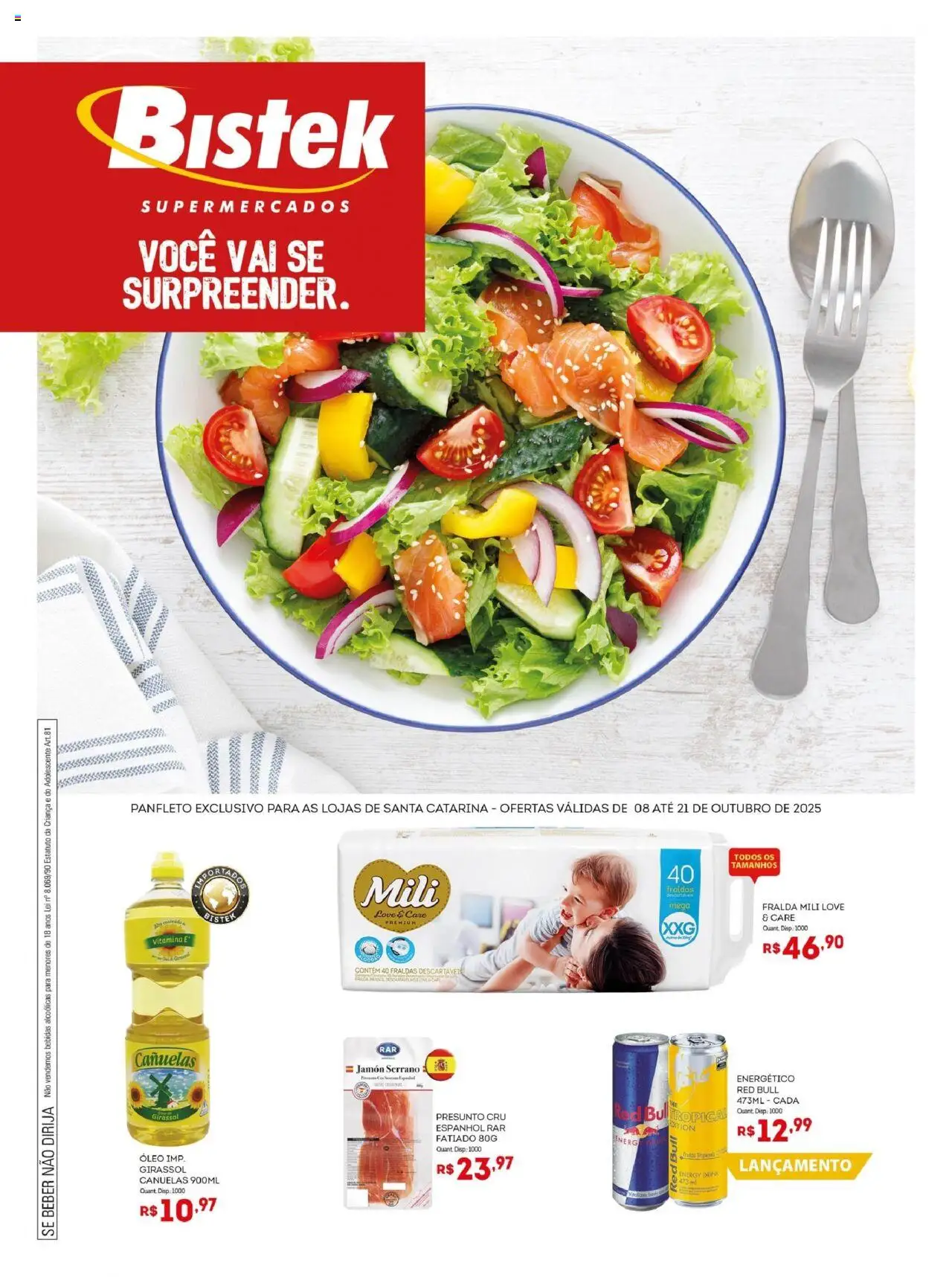 Bistek Supermercados Folheto - válido de 08.10.2025 | Página: 1 | Produtos: Energético, Óleo, Fraldas, Body
