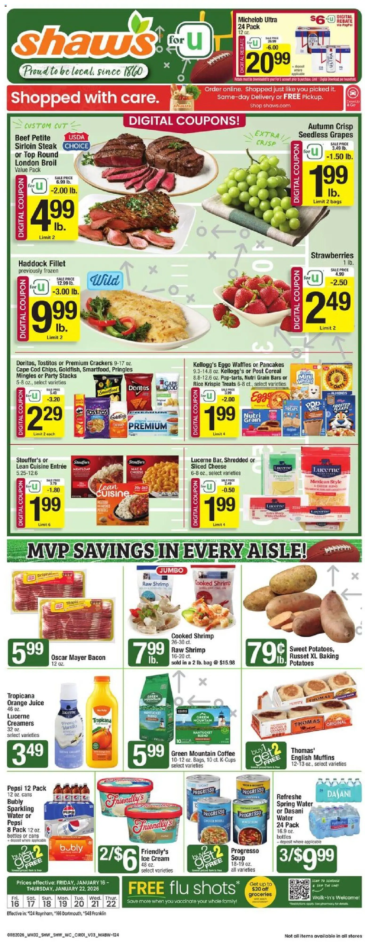 Shaw's Weekly Ad - MA - valid from 16.01.2026 | Page: 1 | Products: Juice, Beef, Water, Grapes