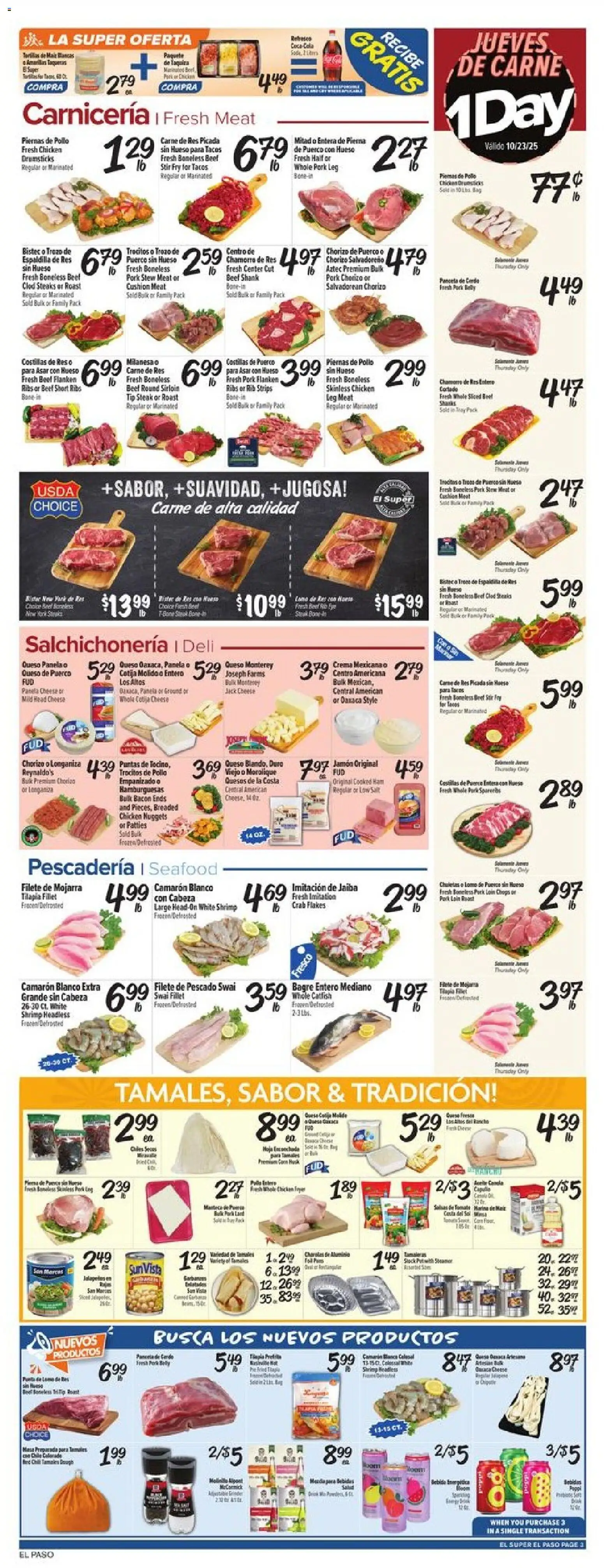 El Super Weekly Ad - TX - valid from 22.10.2025 | Page: 3 | Products: Pork, Cushion, Salt, Seafood