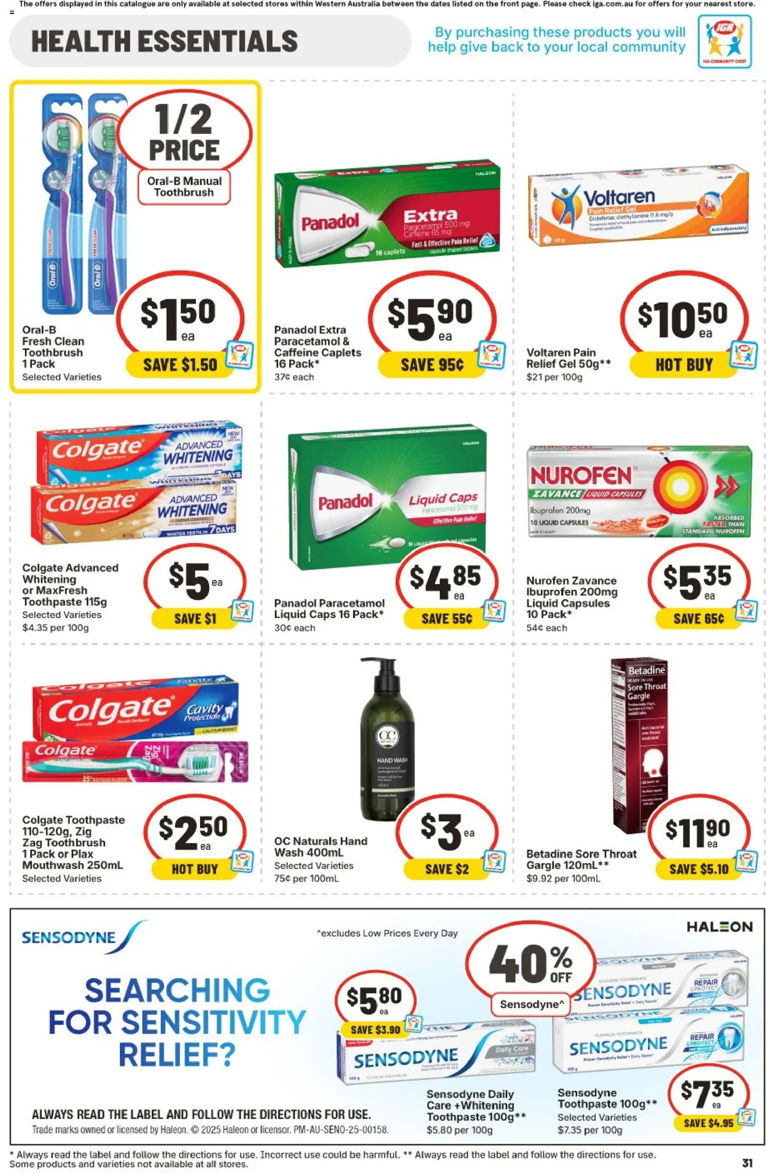 IGA catalogue - valid from 11.03.2026 | Page: 31 | Products: Toothpaste, Mouthwash, Pain relief, Hand wash