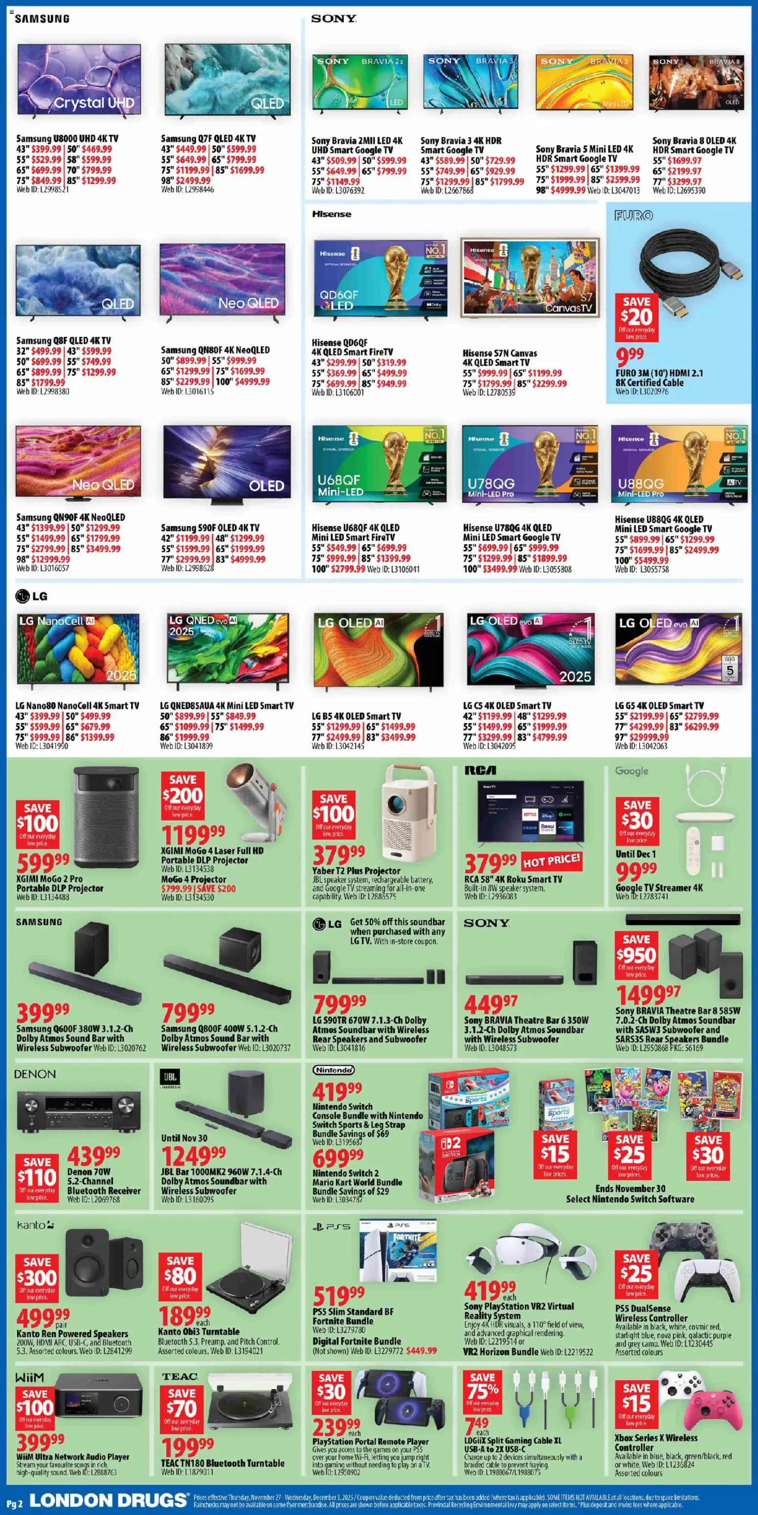London Drugs flyer valid from 27.11.2025 | Page: 2 | Products: Tv, Audio, Cable, Playstation