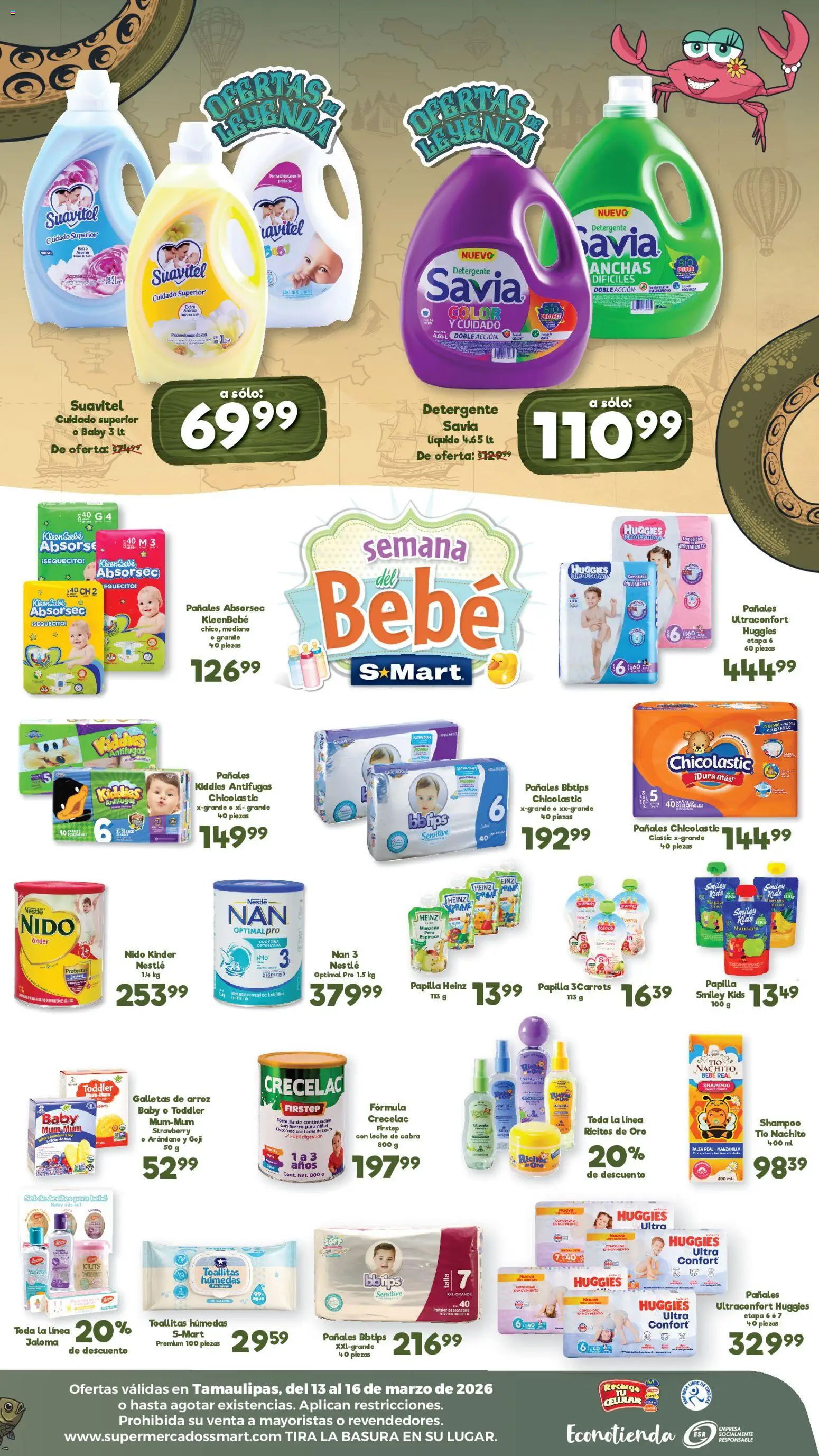 Nuevas ofertas de S-Mart válidas en toda la República Mexicana desde el 13.03.2026. ¡Encuentra las mejores ofertas en S-Mart folleto Ofertas de feria Matamoros! | Página: 2 | Productos: Avena, Toallitas húmedas, Leche, Pañales
