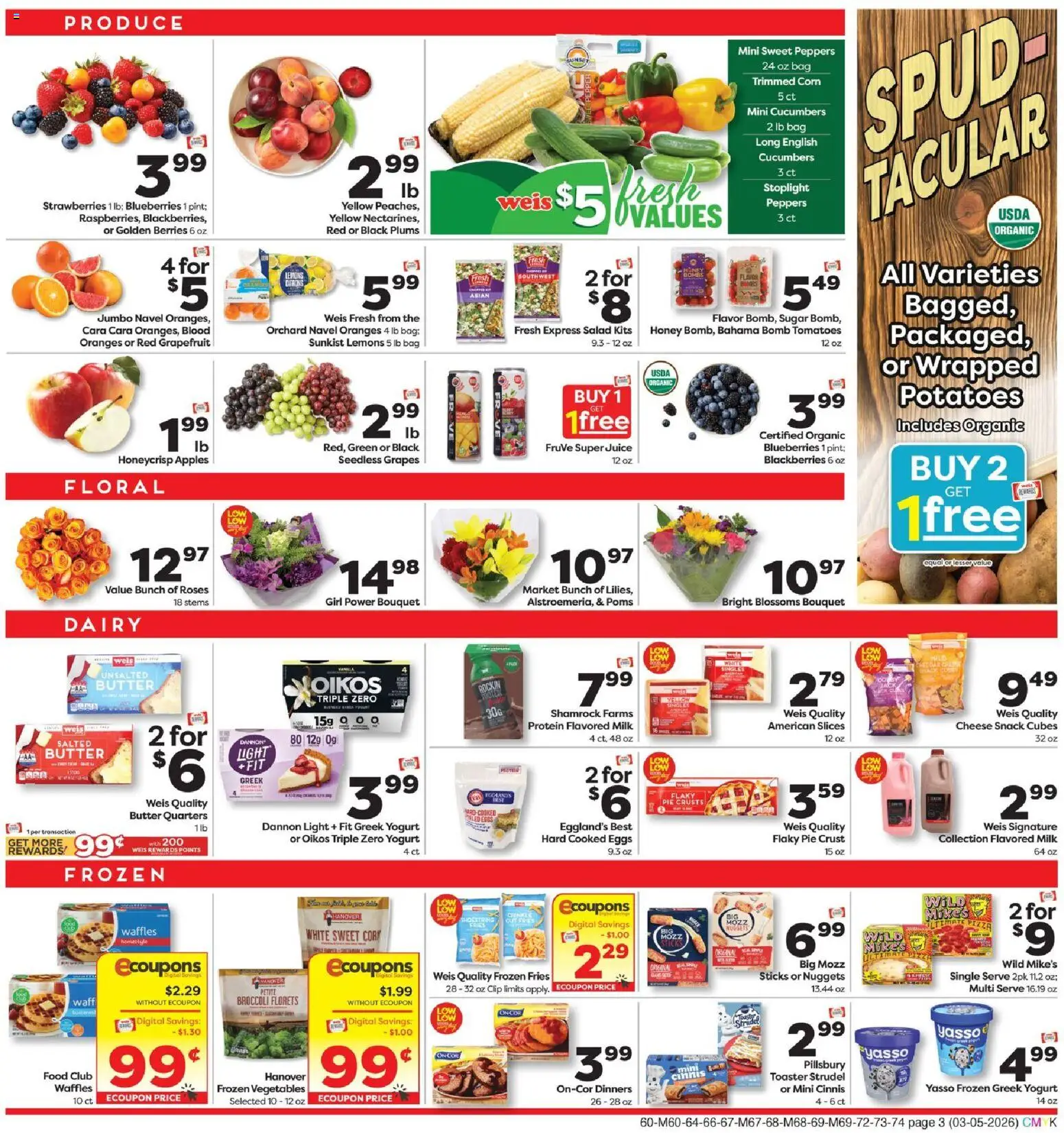 Weis Weekly Circular - NY - valid from 05.03.2026 | Page: 3 | Products: Butter, Cucumbers, Potatoes, Bag