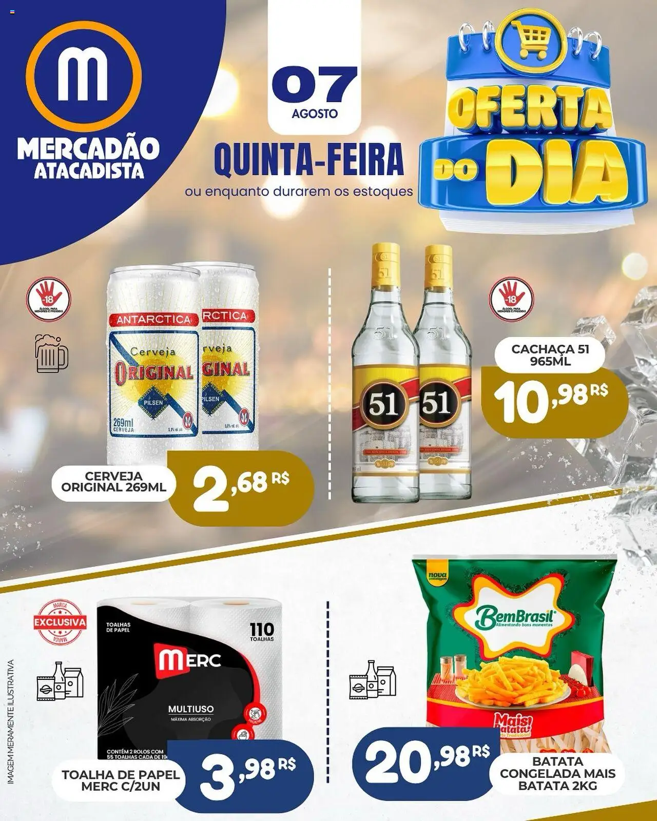 Mercadão Atacadista Folheto - válido de 07.08.2025 | Página: 1 | Produtos: Cachaça, Cerveja, Cachaça 51, Batata