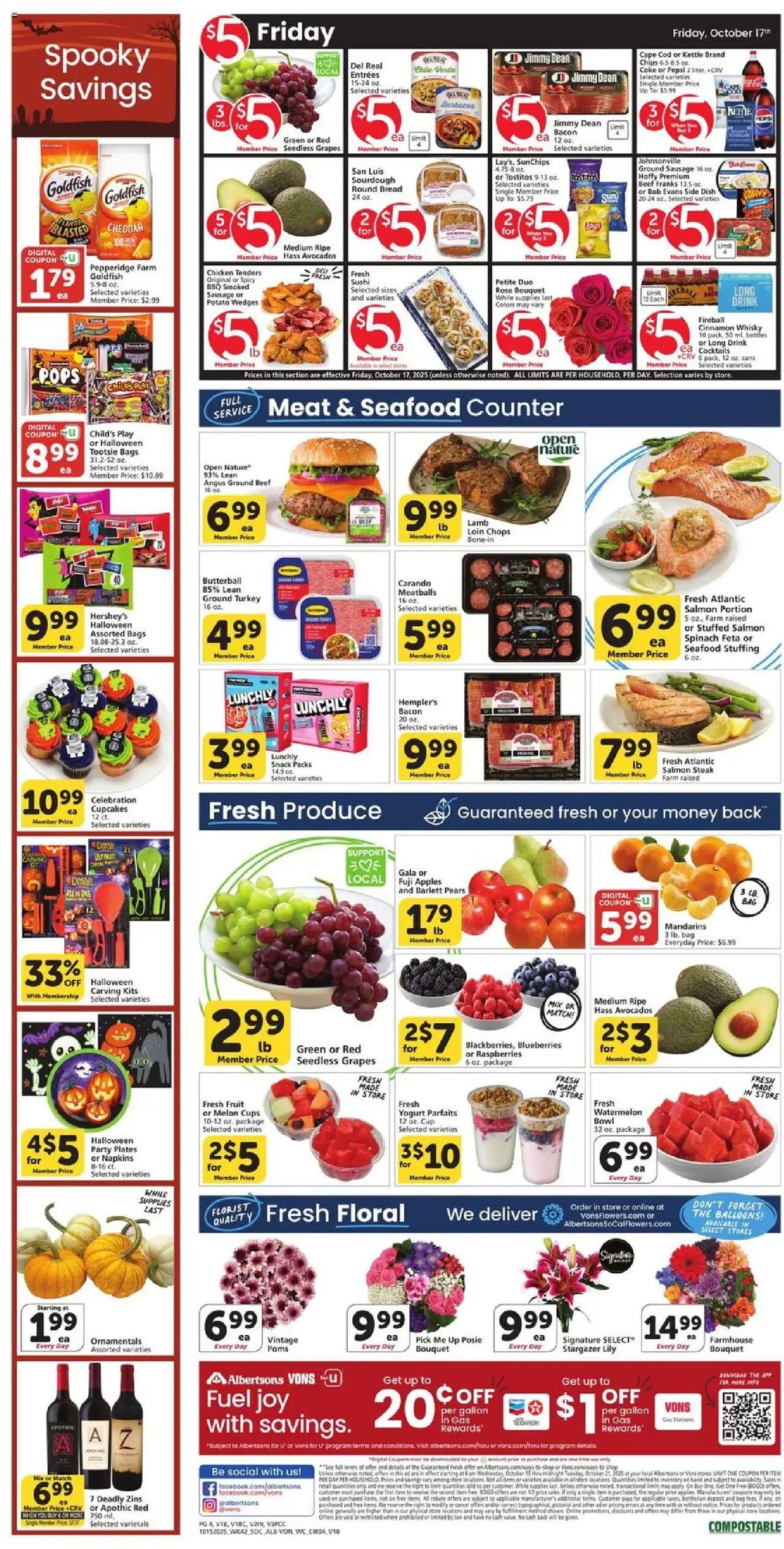 Vons Weekly Ad - valid from 15.10.2025 | Page: 3 | Products: Spinach, Chips, Seafood, Blueberries
