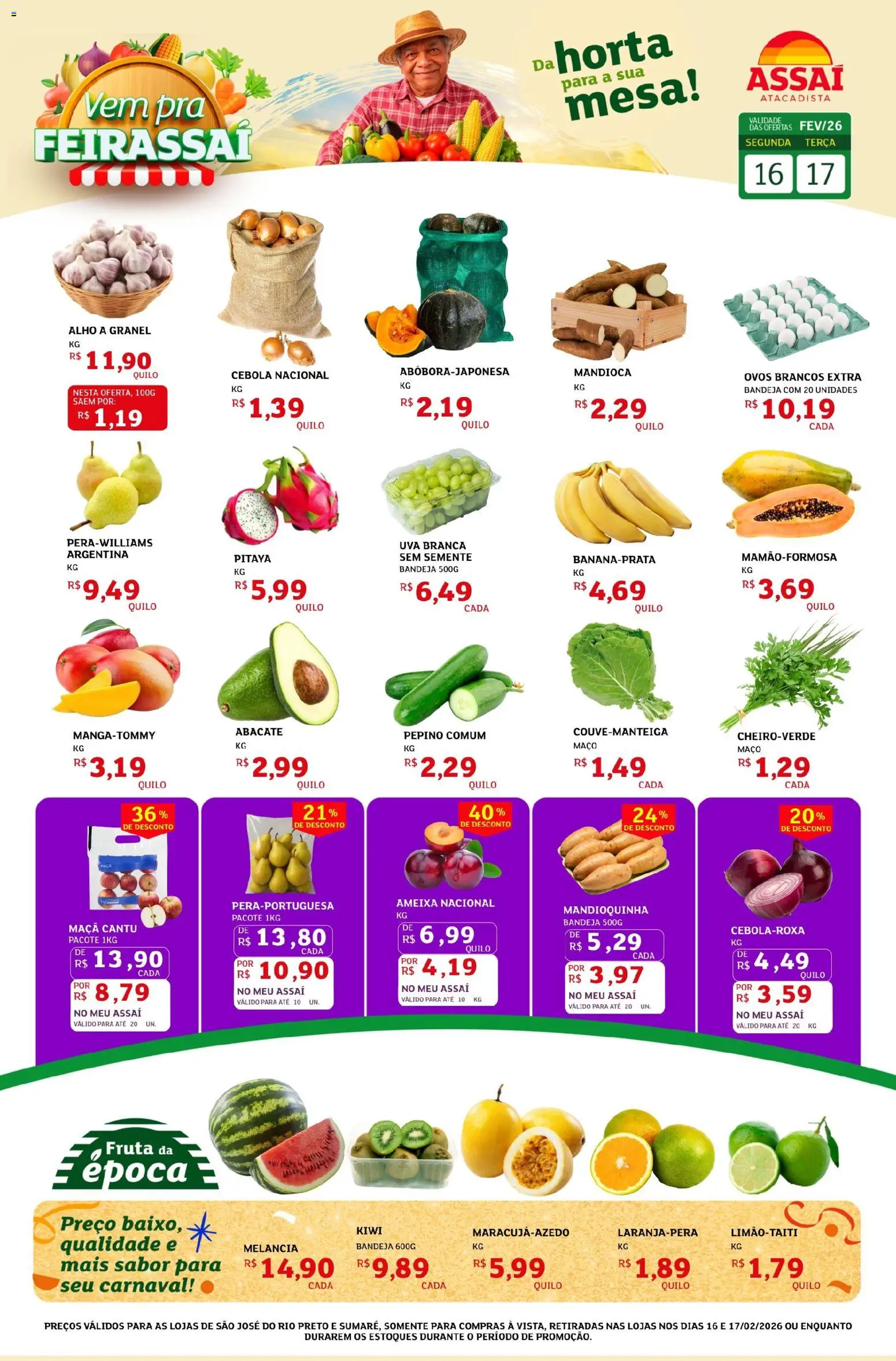 Assaí Atacadista Folheto - válido de 16.02.2026 | Página: 1 | Produtos: Alho, Mandioca, Bandeja, Ameixa