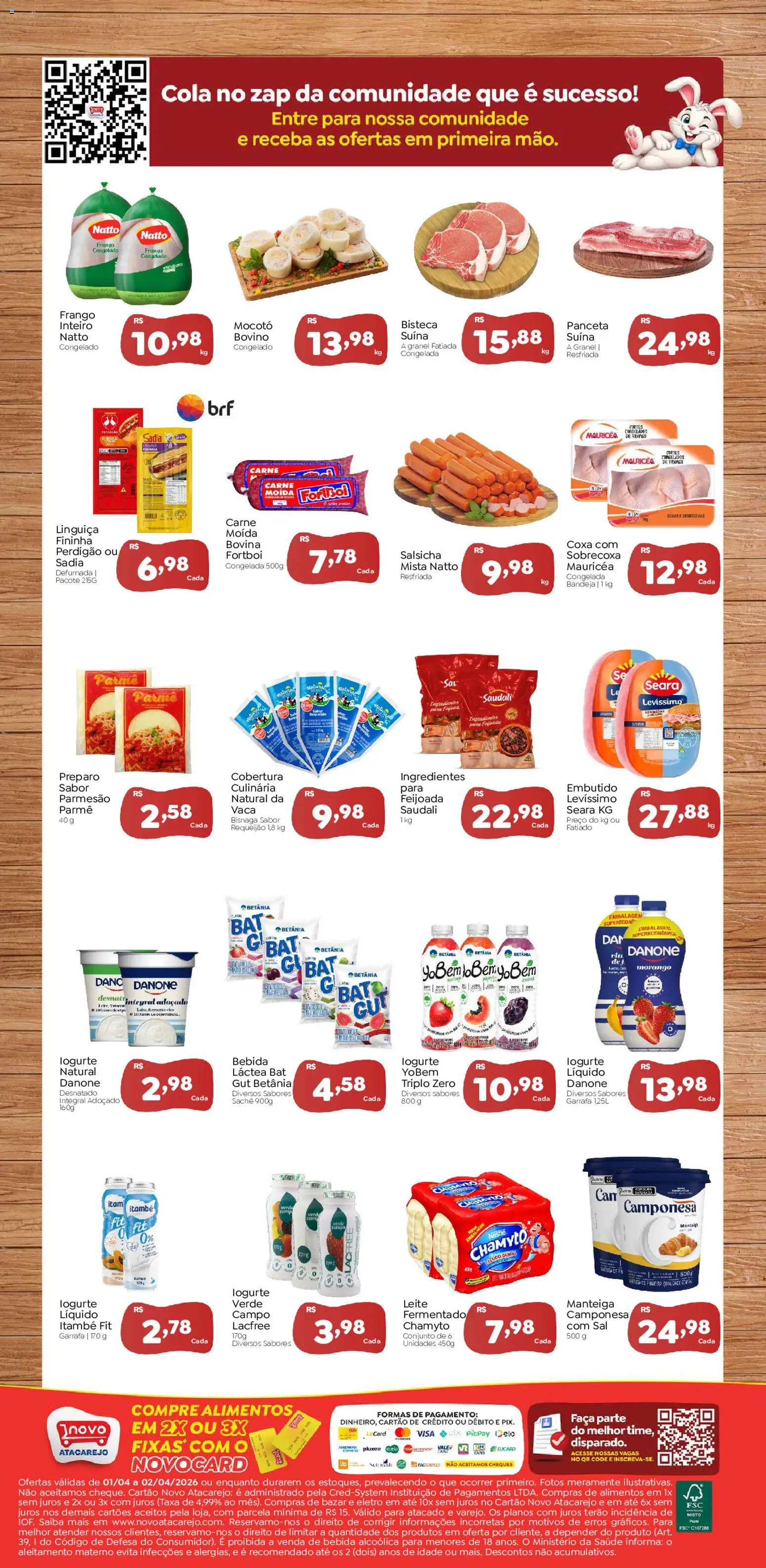 Novo Atacarejo Folheto - válido de 01.04.2026 | Página: 2 | Produtos: Linguiça, Manteiga, Parmesão, Carne