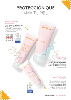 Vista previa de Protector Solar FPS 50+ Mary Kay, Protección que es resistente al agua durante un largo día de diversión bajo el sol., nuevo folleto de la tienda, válido en México a partir del 01.03.2026 | Página: 65 | Productos: Gel corporal, Agua, Body, Protector solar
