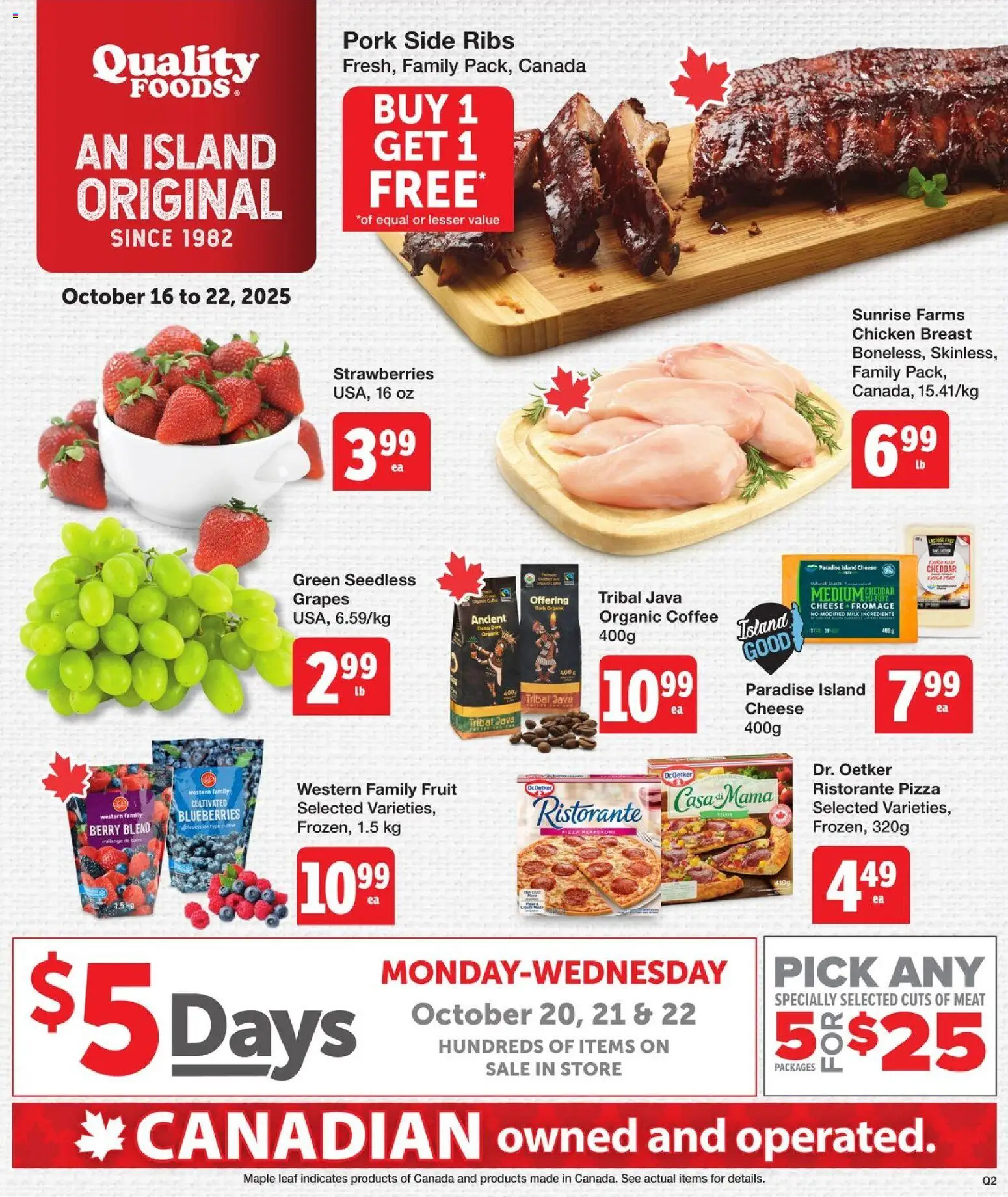 Quality Foods flyer valid from 16.10.2025 | Page: 1 | Products: Cheese, Coffee, Pizza, Chicken