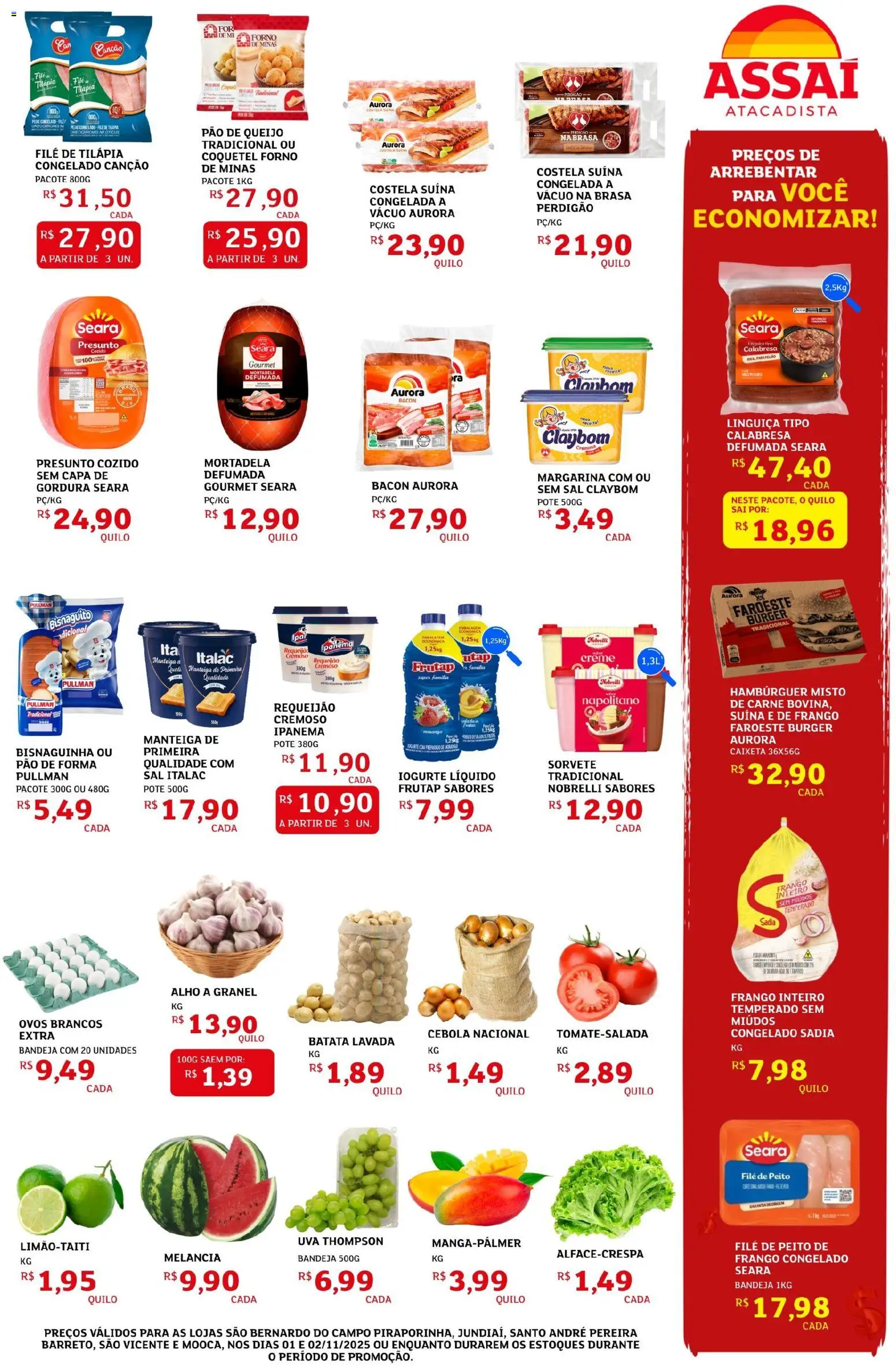 Assaí Atacadista Folheto - válido de 01.11.2025 | Página: 3 | Produtos: Cebola, Linguiça, Queijo, Tilápia