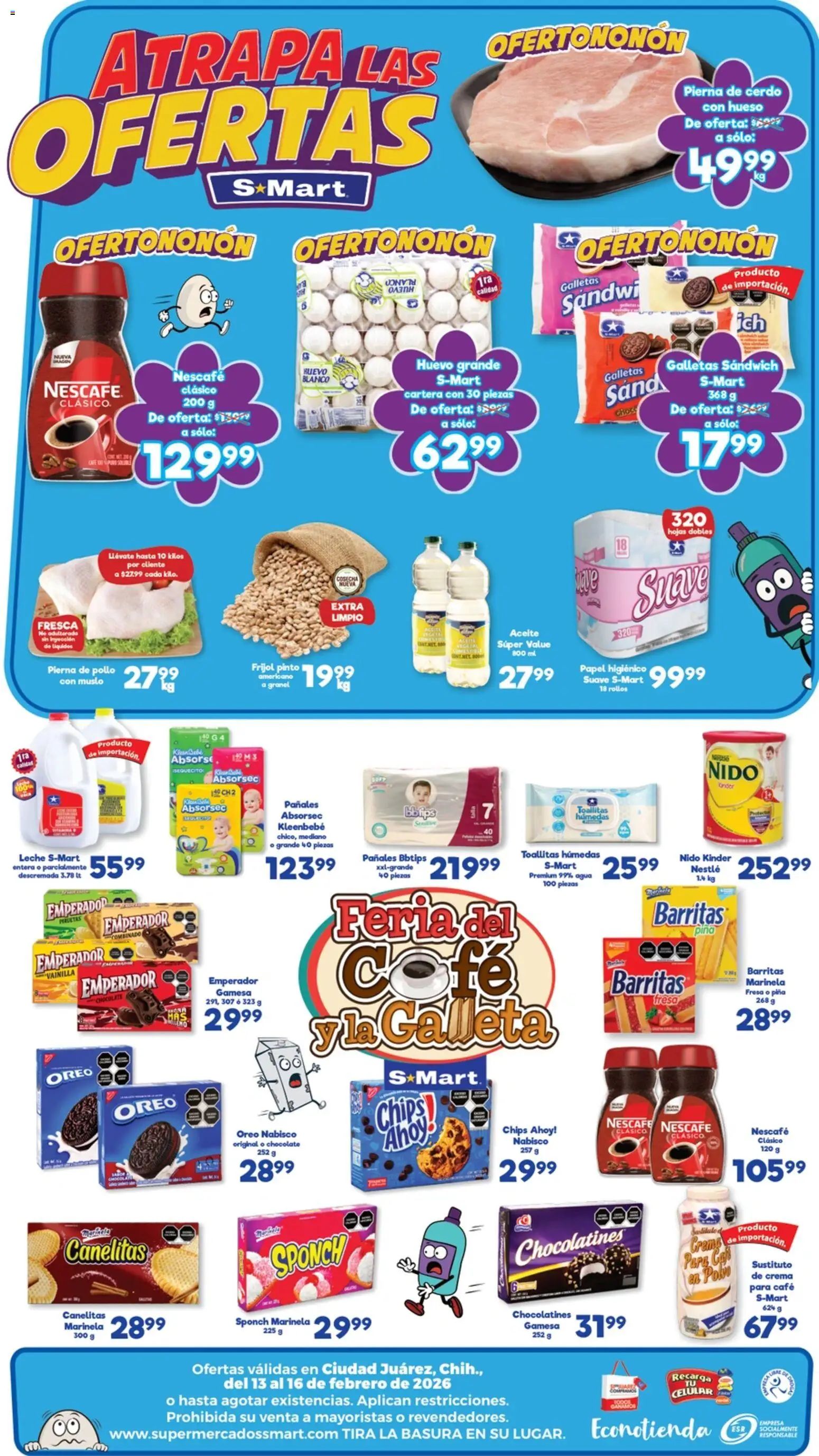 Nuevas ofertas de S-Mart válidas en toda la República Mexicana desde el 13.02.2026. ¡Encuentra las mejores ofertas en S-Mart folleto Juárez! | Página: 2 | Productos: Agua, Leche, Galletas, Papel higiénico