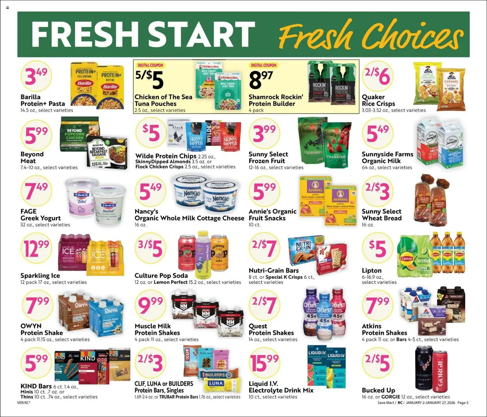 Save Mart Big Book of Savings - valid from 02.01.2026 | Page: 5 | Products: Milk, Pasta, Chips, Blueberries