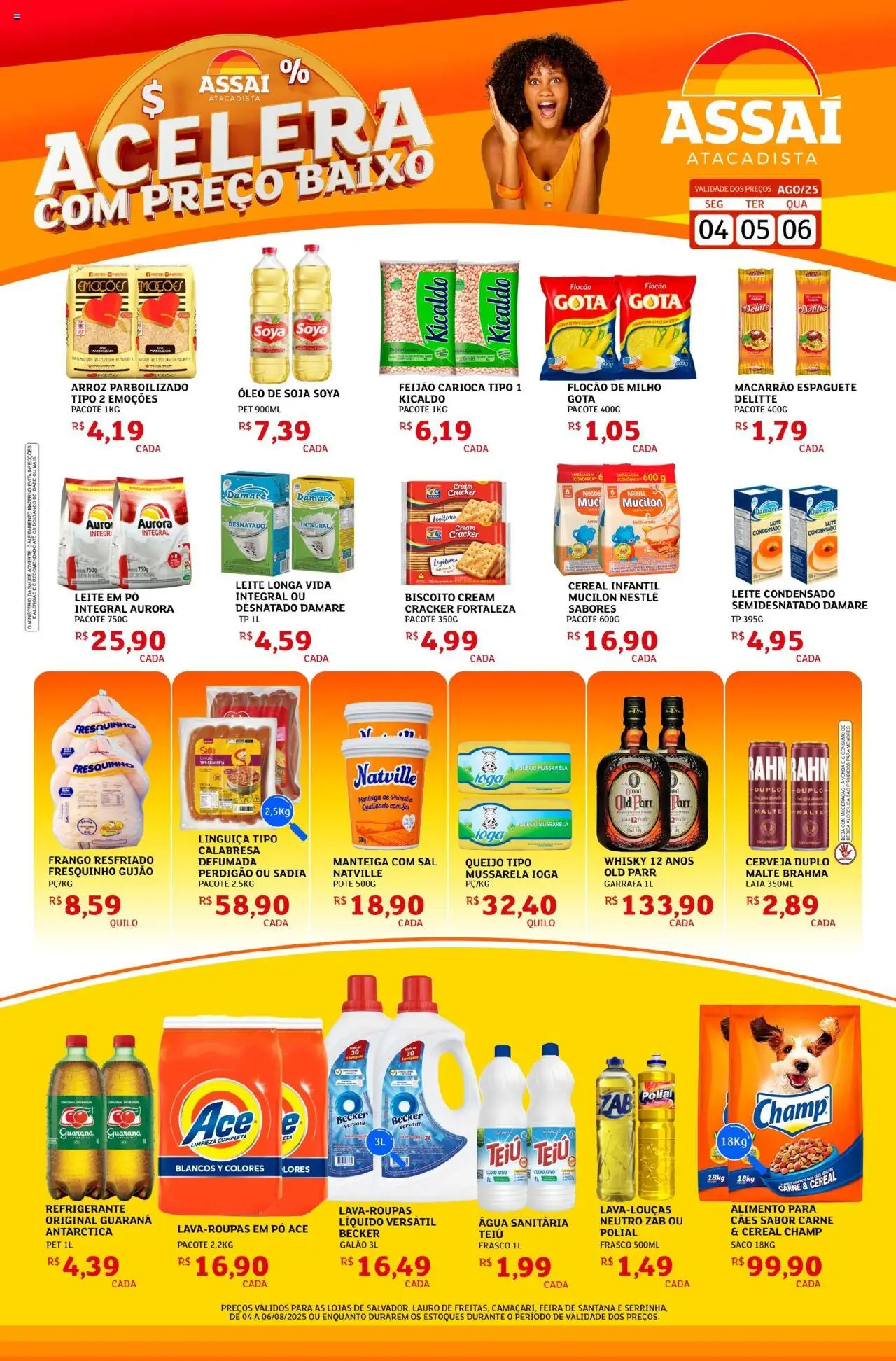 Assaí Atacadista Folheto - válido de 04.08.2025 | Página: 1 | Produtos: Espaguete, Biscoito, Frango, Soja