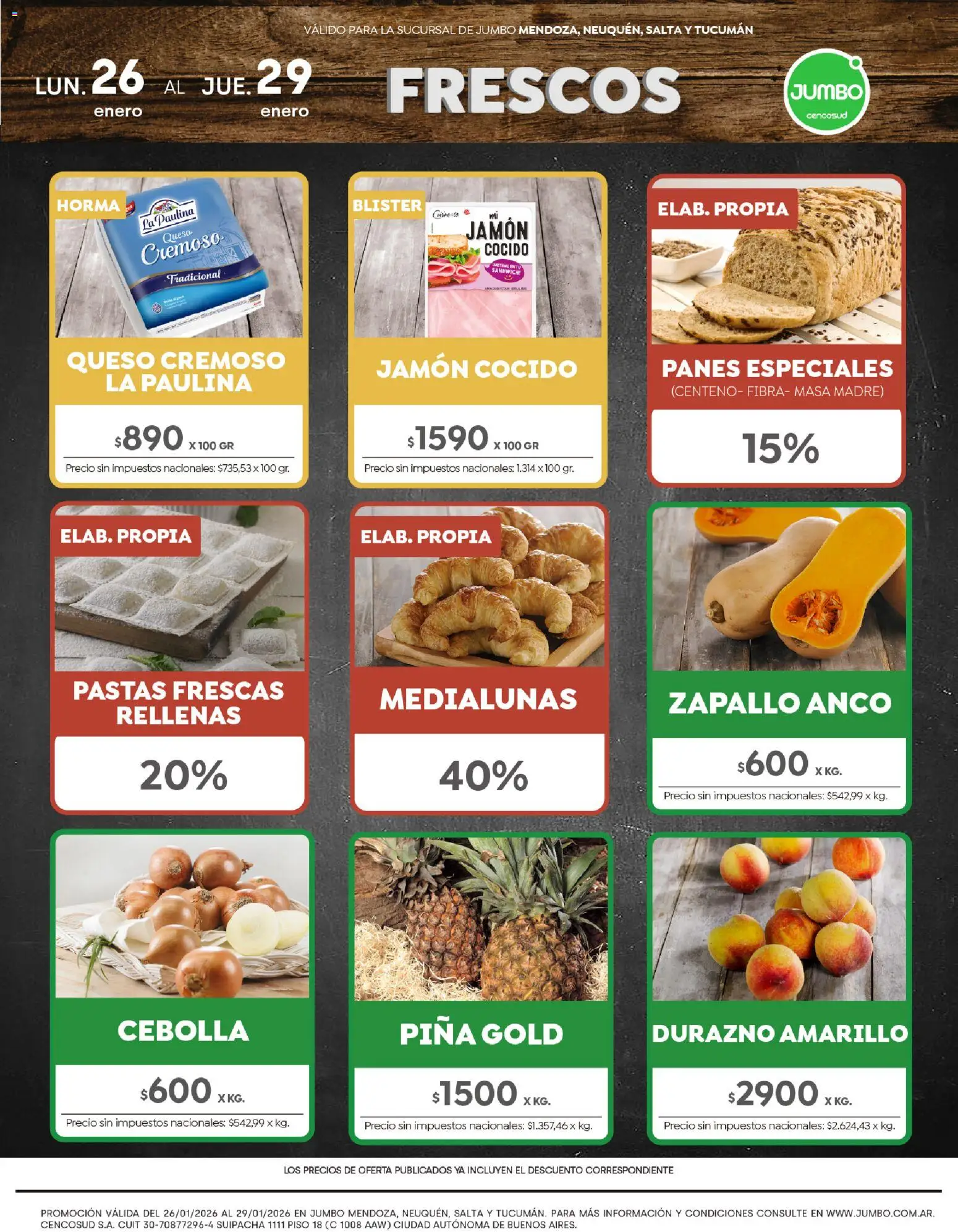 Jumbo - Ofertas | Interior │ válido desde el 26.01.2026 | Página: 1 | Productos: Zapallo, Durazno, Queso, Jamón