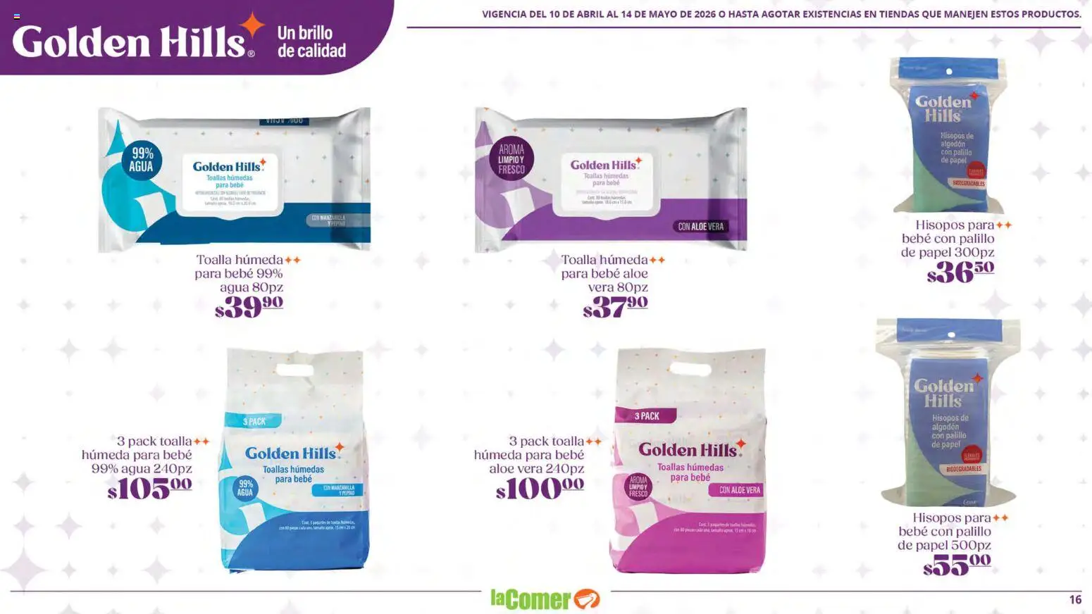 Nuevas ofertas de La Comer válidas en toda la República Mexicana desde el 10.04.2026. ¡Encuentra las mejores ofertas en La Comer folleto Golden Hills! | Página: 16 | Productos: Brillo, Toalla, Algodón, Toallas