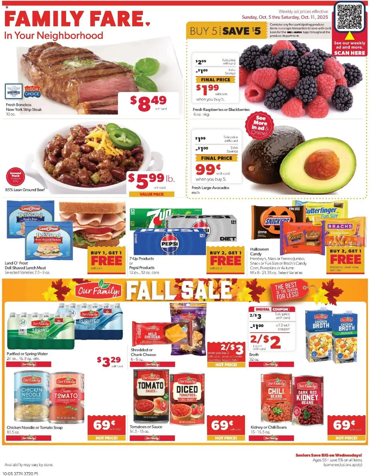 Family Fare Weekly Ad - IA - valid from 05.10.2025 | Page: 1 | Products: Cheese, Ham, Tomatoes, Beef