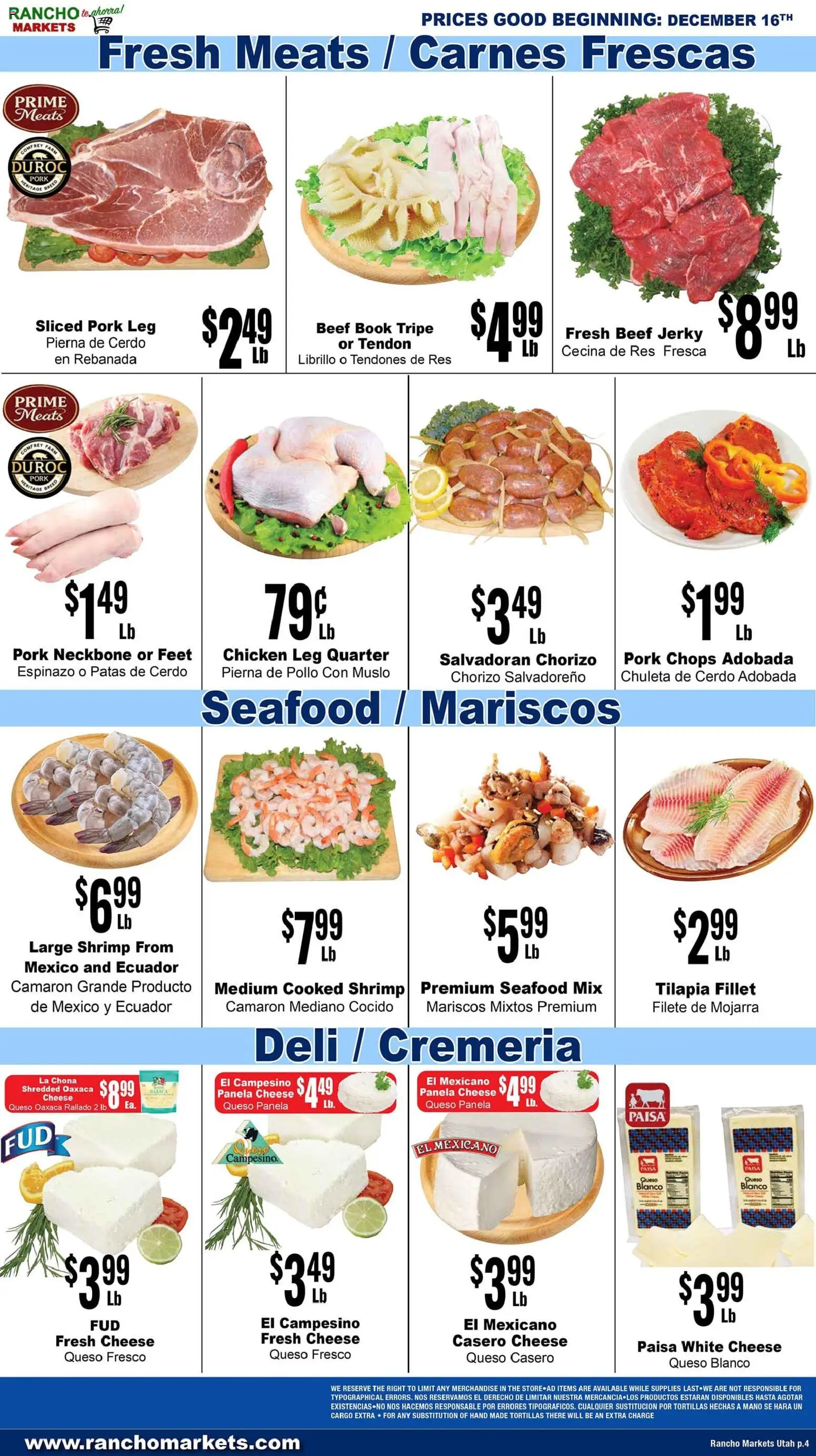 Rancho Markets Weekly Ad - valid from 16.12.2025 | Page: 4 | Products: Cheese, Pork, Beef, Seafood