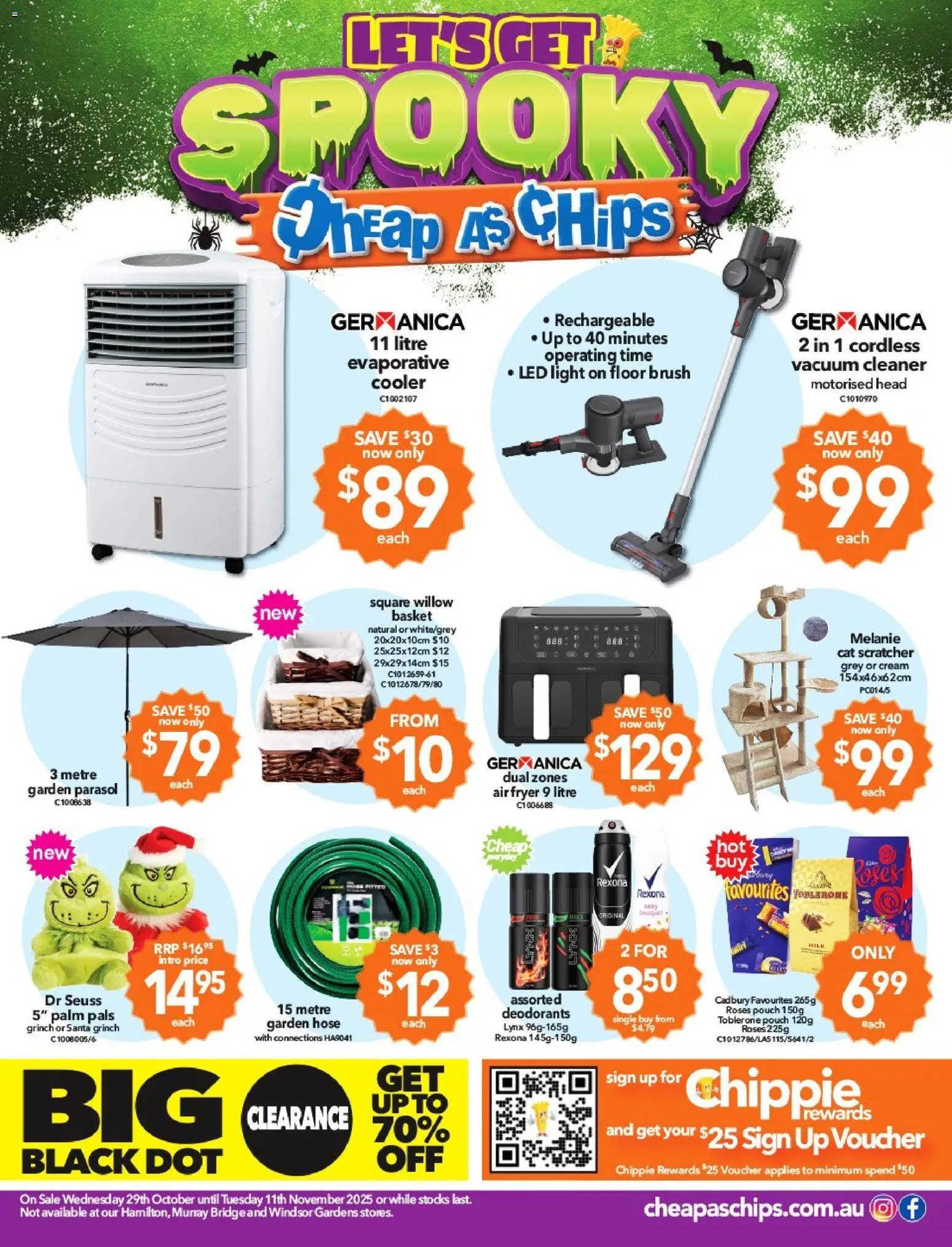 Cheap as Chips catalogue - valid from 29.10.2025 | Page: 1 | Products: Basket, Milk, Chips, Parasol