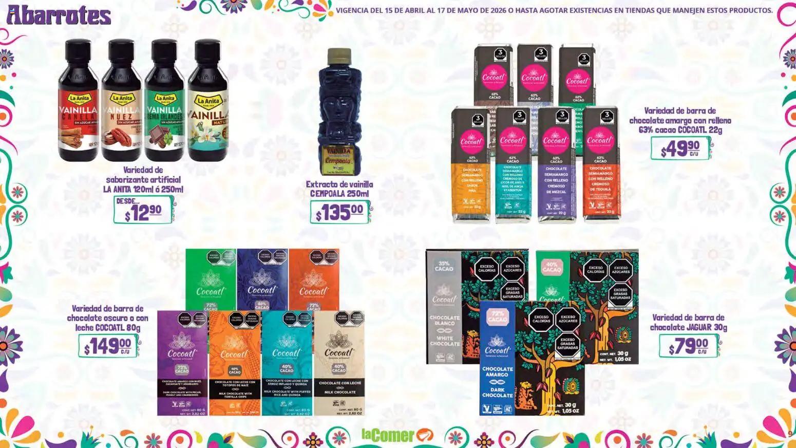 Nuevas ofertas de La Comer válidas en toda la República Mexicana desde el 15.04.2026. ¡Encuentra las mejores ofertas en La Comer folleto! | Página: 9 | Productos: Chocolate, Nuez, Arroz, Tequila
