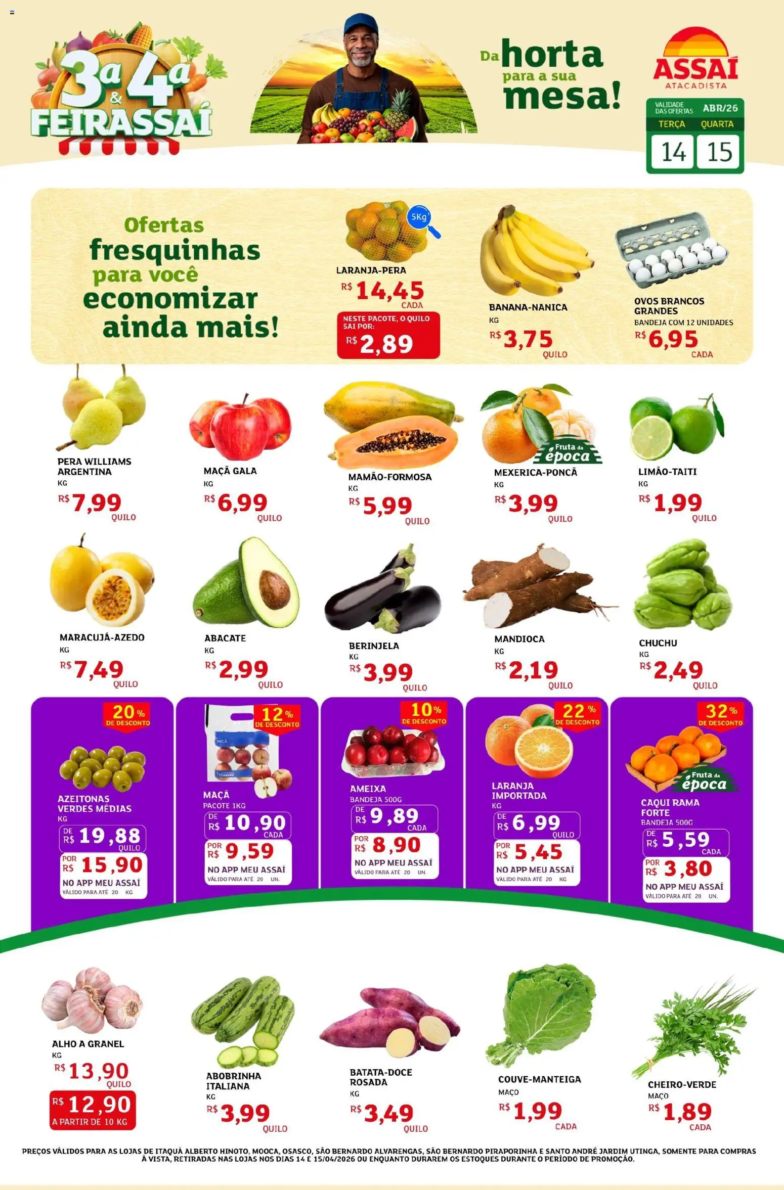 Assaí Atacadista Folheto - válido de 14.04.2026 | Página: 1 | Produtos: Chuchu, Berinjela, Mesa, Ameixa