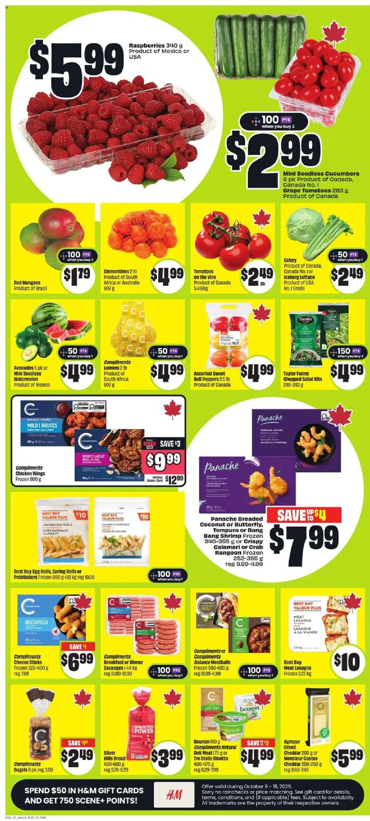 FreshCo flyer valid from 09.10.2025 | Page: 3 | Products: Cucumbers, Salad, Bread, Chicken