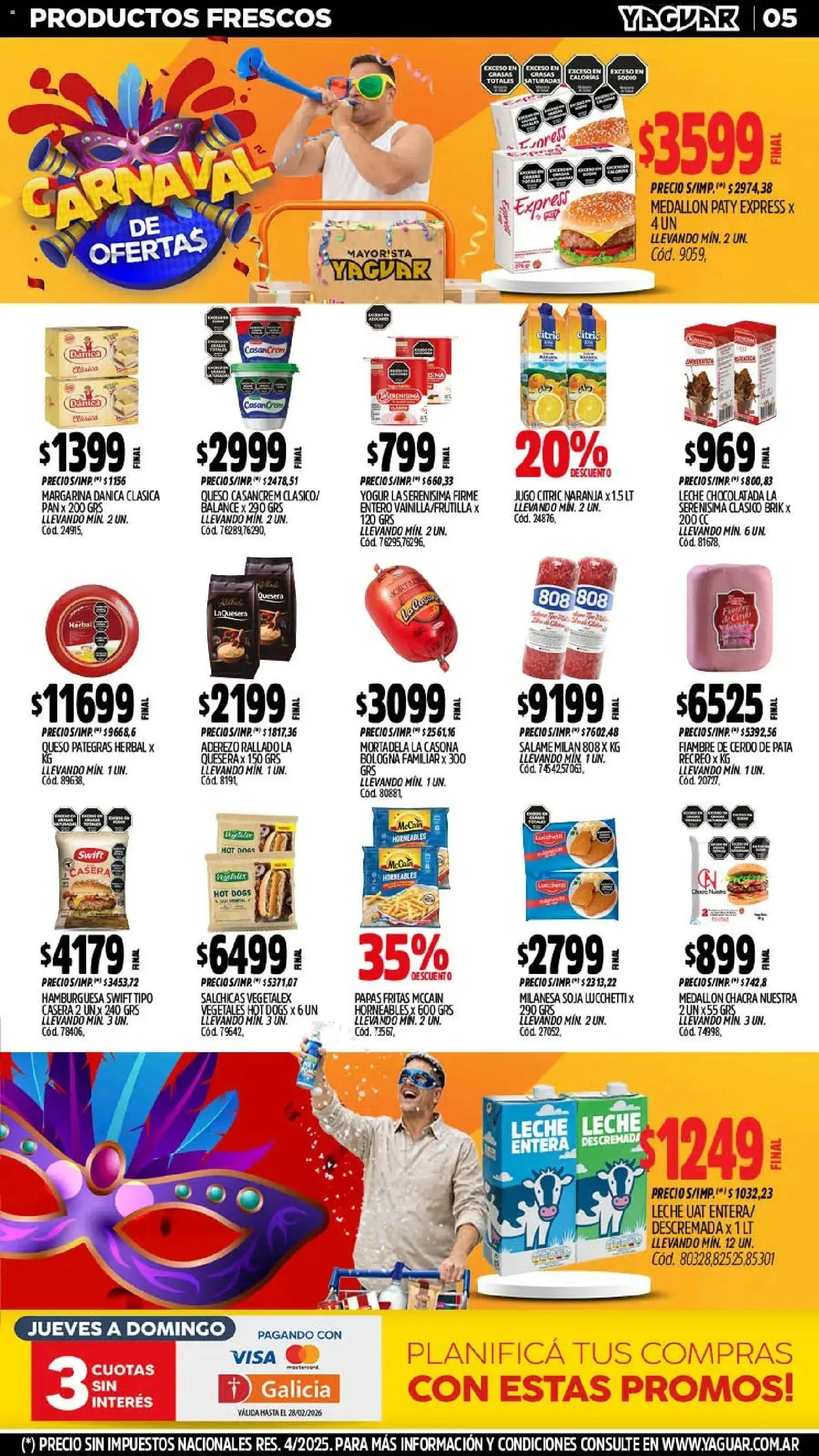 Yaguar - Oferta Semanal Córdoba │ válido desde el 16.02.2026 | Página: 5 | Productos: Mortadela, Leche, Yogur, Margarina