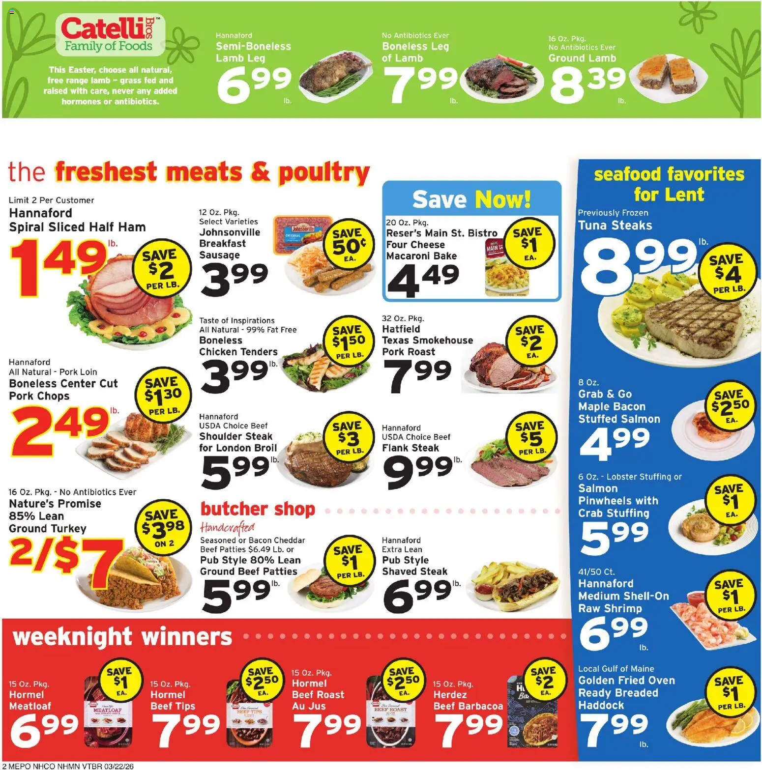 Hannaford Weekly Ad - valid from 22.03.2026 | Page: 2 | Products: Ham, Beef, Seafood, Poultry