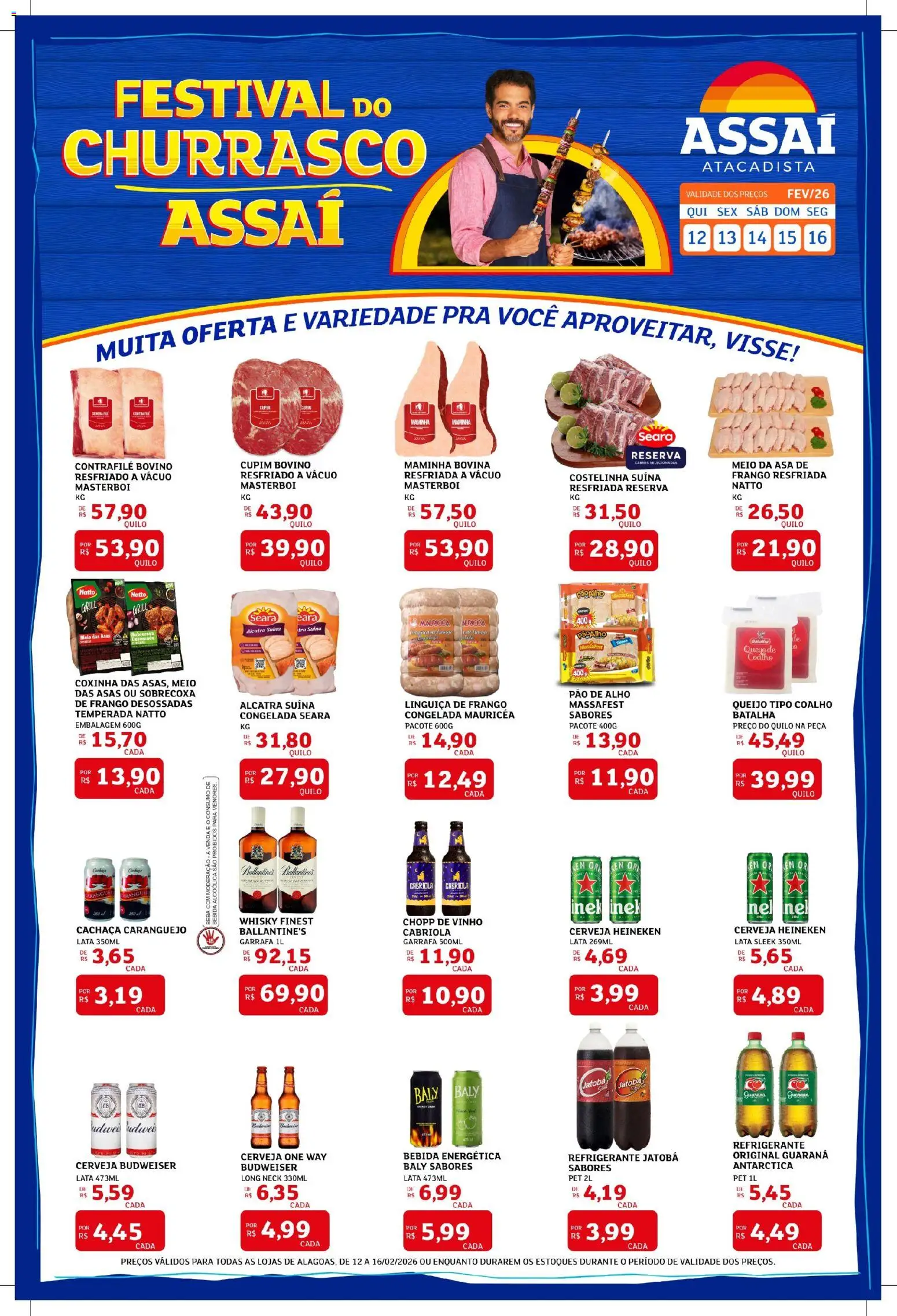 Assaí Atacadista Folheto - válido de 12.02.2026 | Página: 1 | Produtos: Cachaça, Queijo, Bebida, Frango