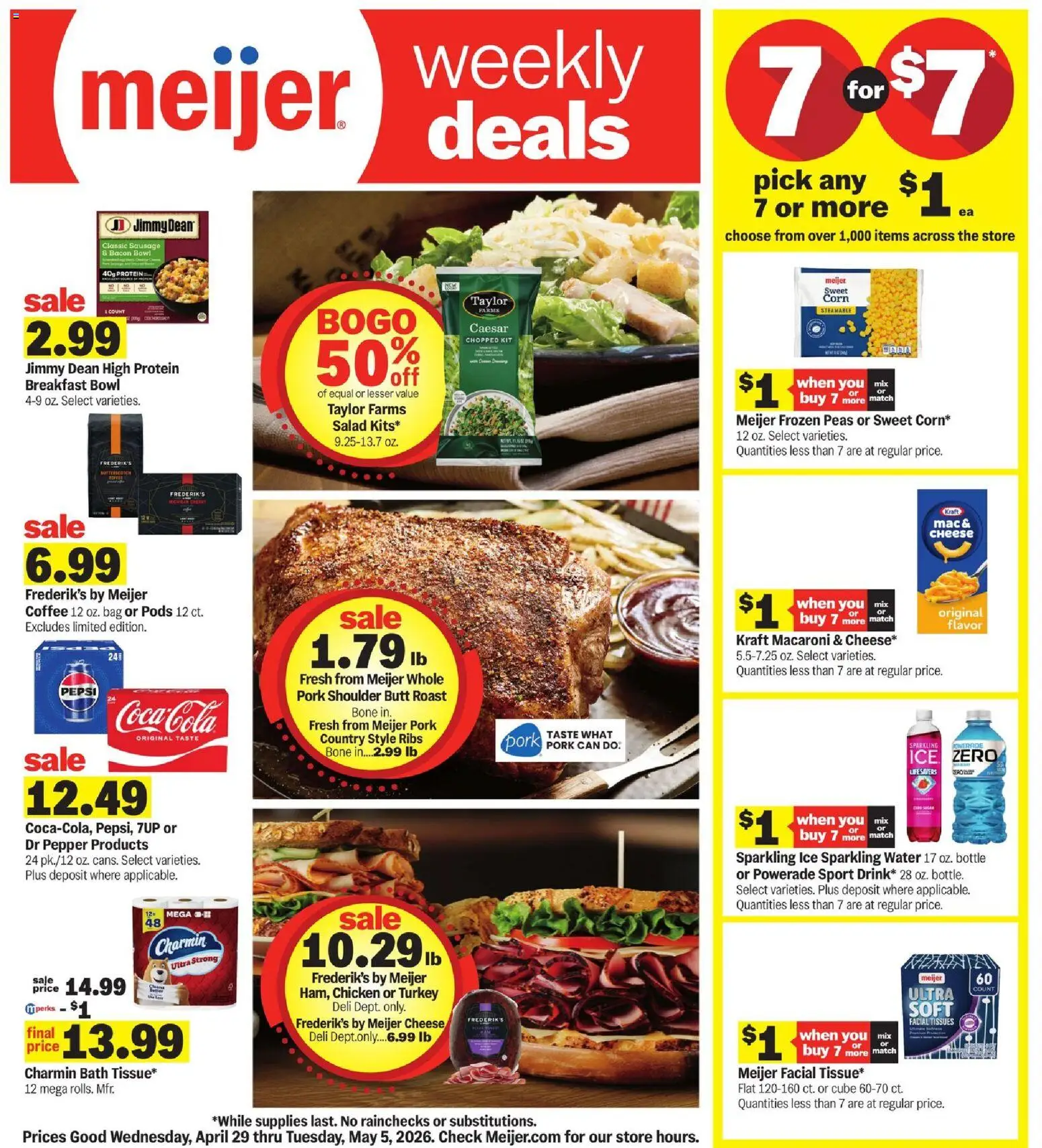 Meijer Weekly Ad - MI - valid from 29.04.2026 | Page: 1 | Products: Corn, Bath, Water, Sausage