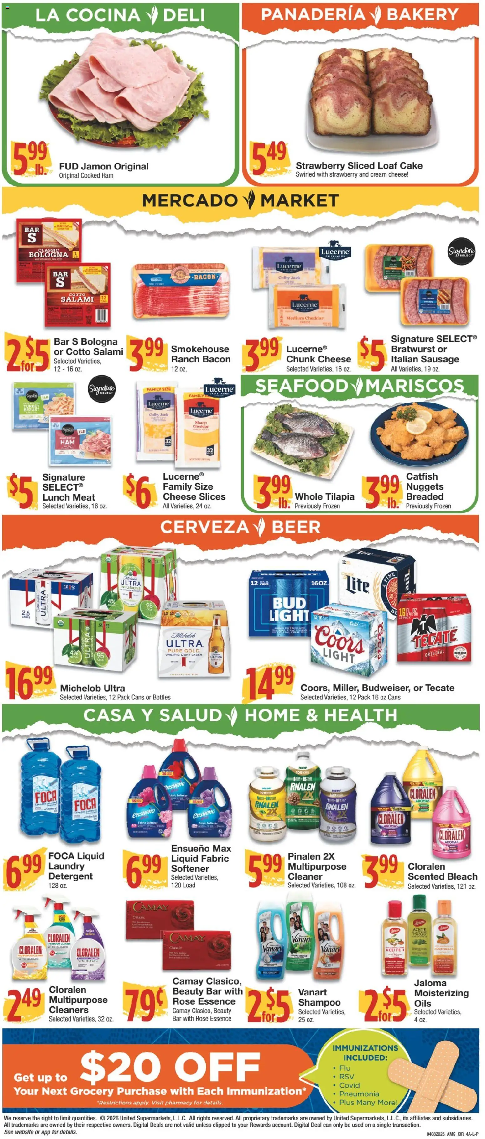 United Supermarkets Ad - valid from 07.04.2026 | Page: 4 | Products: Bakery, Salami, Beer, Detergent